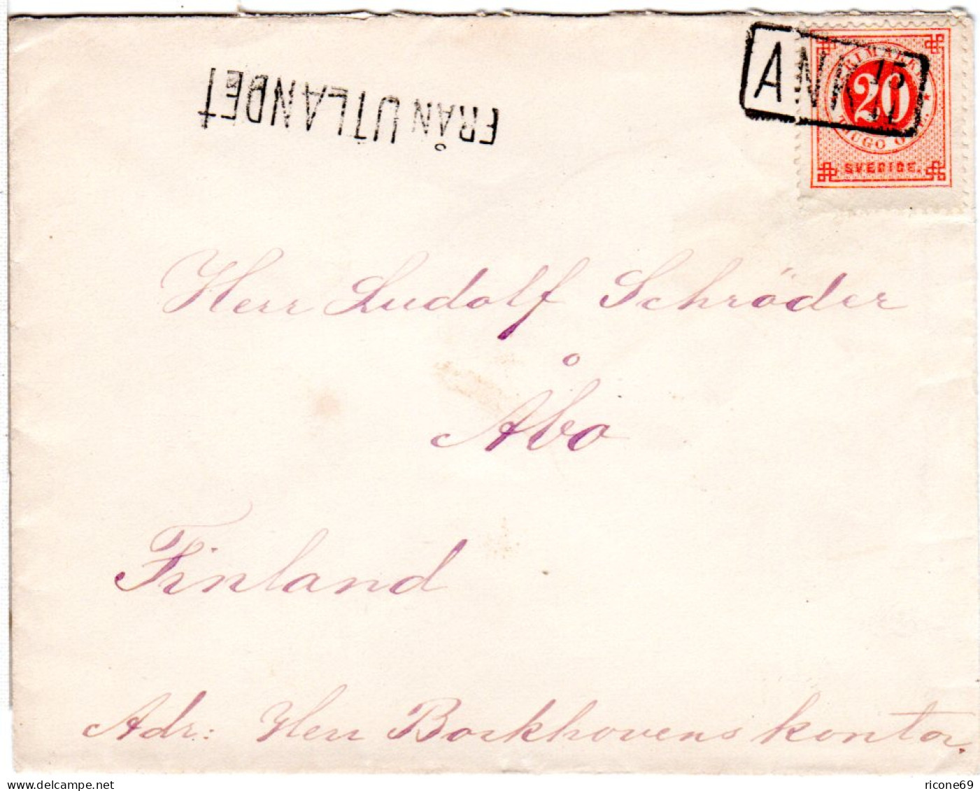 Schweden 1882, R1 FRAN UTLANDET Auf Schiffspost Brief M. 20 öre Nach Finnland - Lettres & Documents