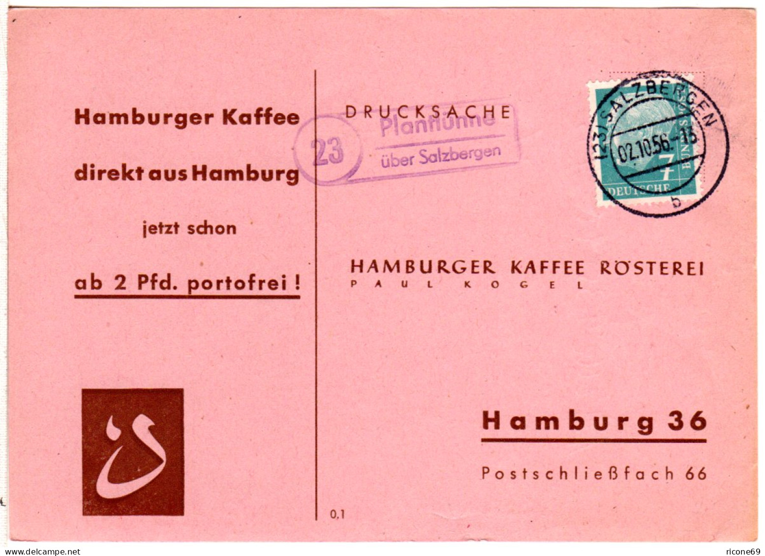 BRD 1956, Landpost Stpl. 23 PLANTLÜNNE über Salzbergen Auf Karte M. 7 Pf.  - Cartas & Documentos