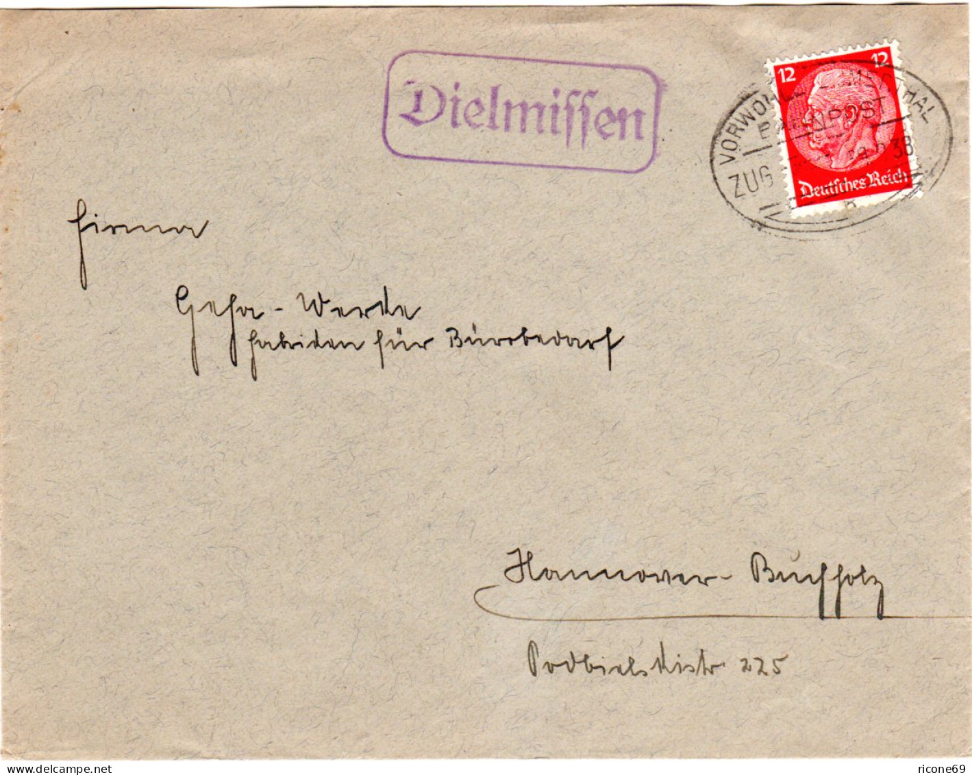 DR 1938, Landpost Stpl. Dielmissen Auf Brief M. Bahnpost VORWOHLE EMMERTHAL  - Lettres & Documents