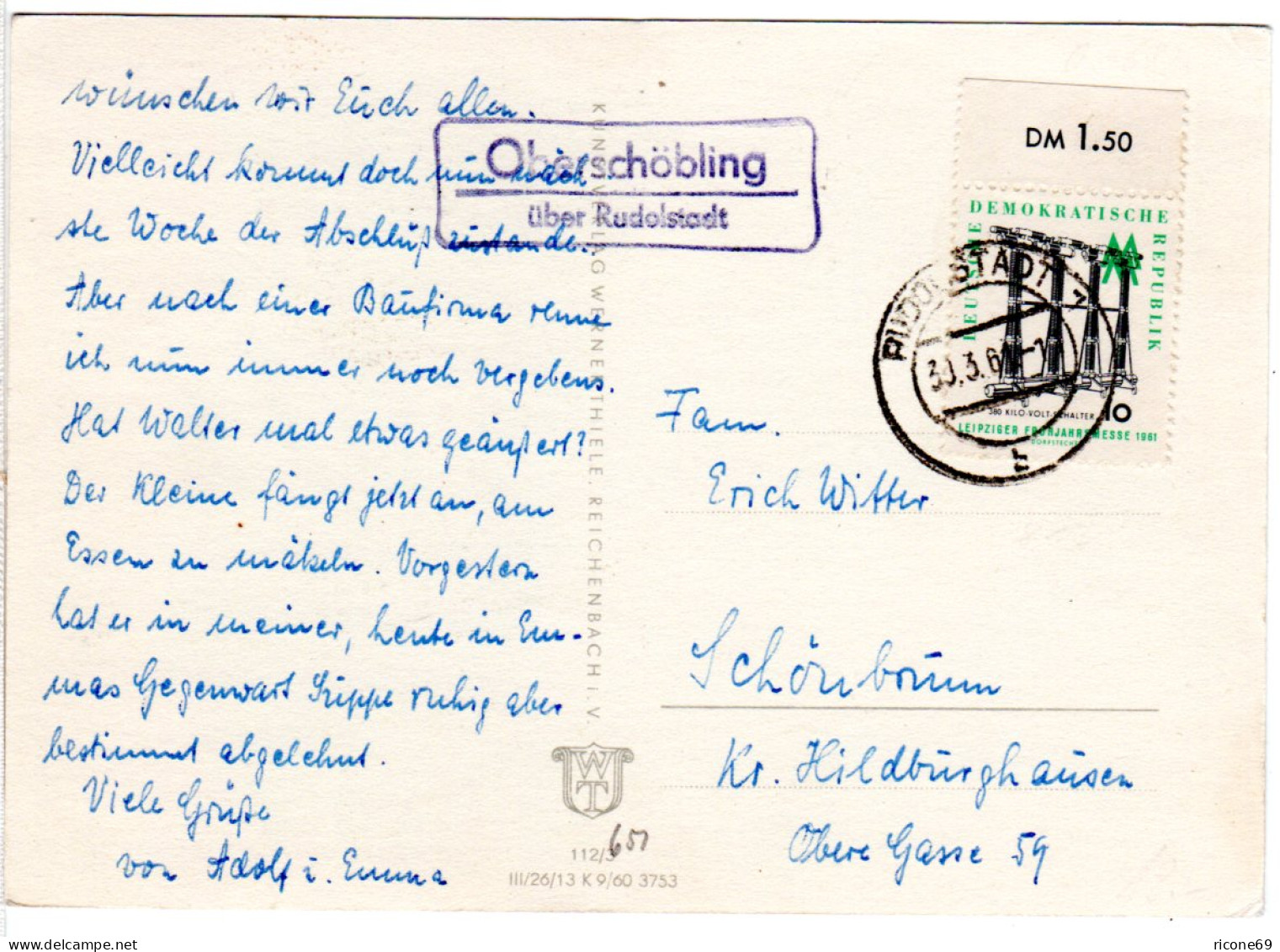 DDR 1961, Landpost Stpl. OBERSCHÖBLING über Rudolstadt Auf Karte M. 10 Pf. - Lettres & Documents