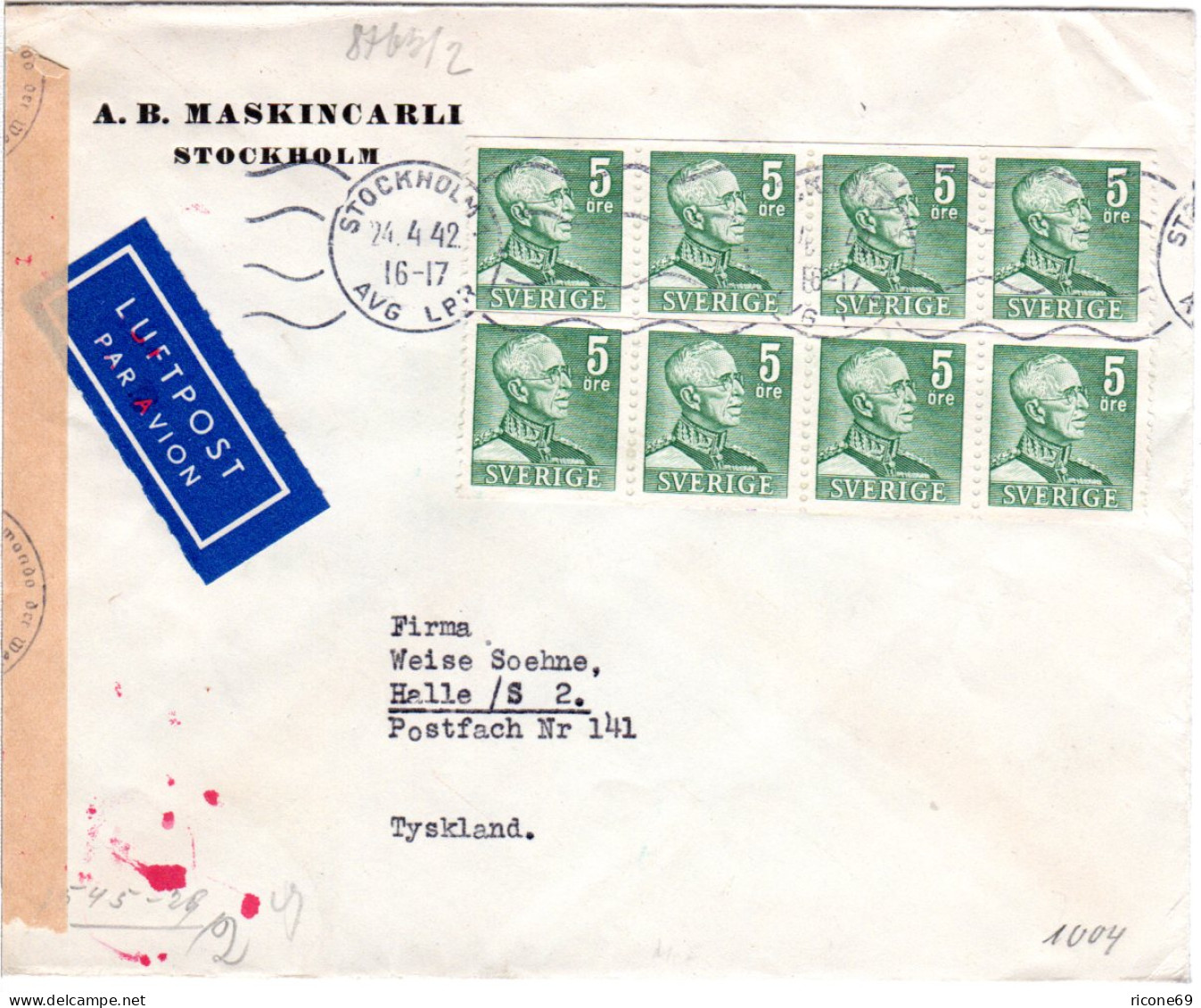 Schweden 1942, 8er-Block 5 öre Auf Luftpost Zensur Brief V. Stockholm N. Halle - Lettres & Documents