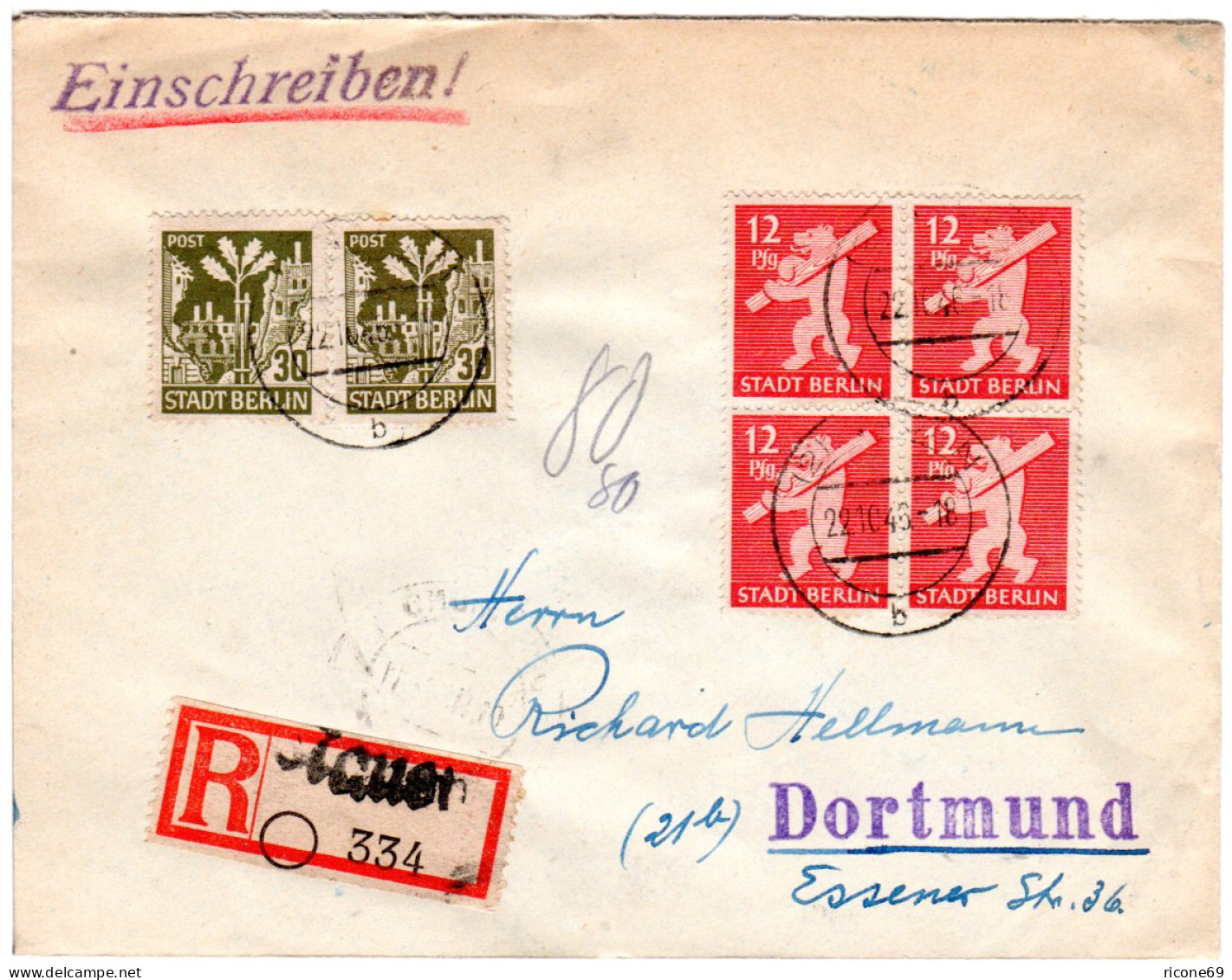 Berlin 1946, 4er-Block 12+2x30 Pf Auf Portorichtigem Einschreiben Brief V. Nauen - Lettres & Documents