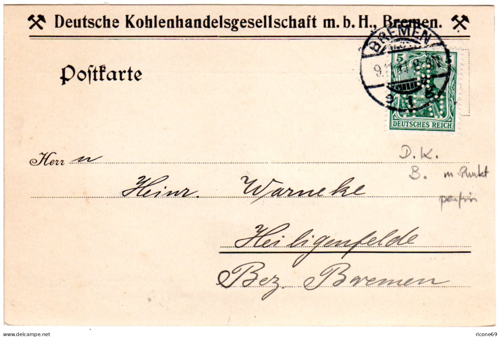 DR 1911, 5 Pf. Germania M. Perfin Firmenlochung Auf Karte V. Bremen  - Covers & Documents