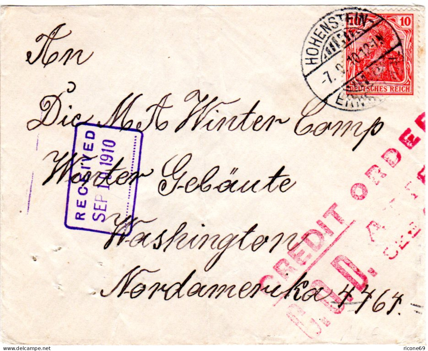 DR 1910, EF 10 Pf. Auf Brief V. Hohenstein-Ernsttahl N. USA. Schnellster Weg. - Covers & Documents