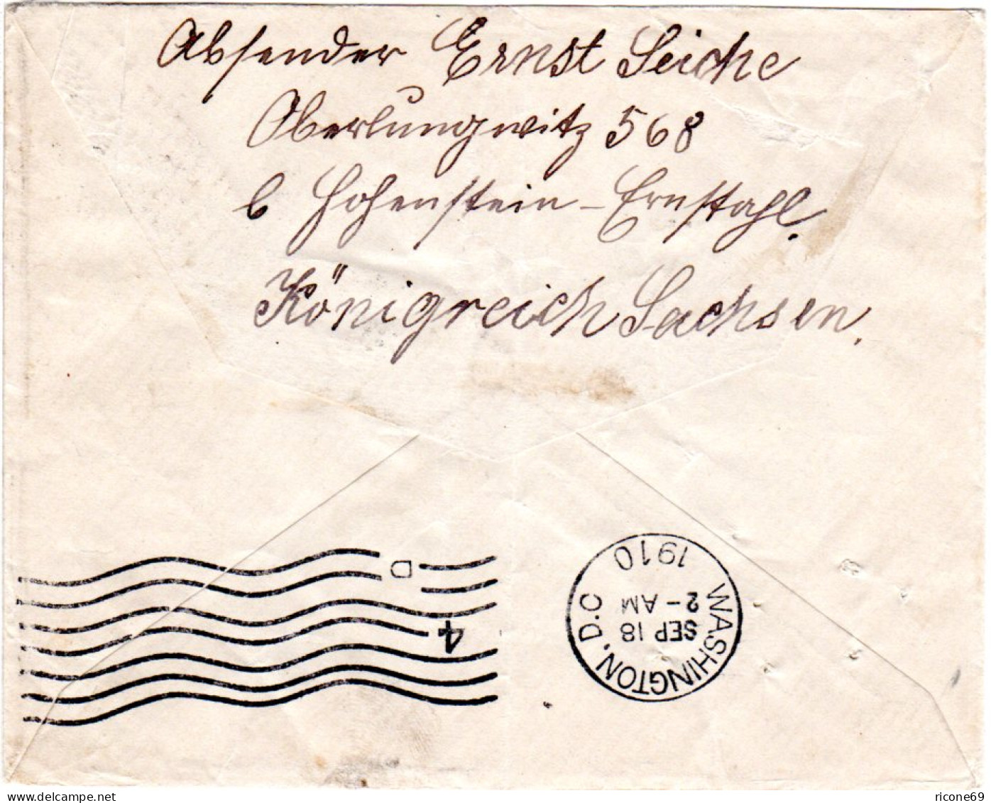 DR 1910, EF 10 Pf. Auf Brief V. Hohenstein-Ernsttahl N. USA. Schnellster Weg. - Covers & Documents