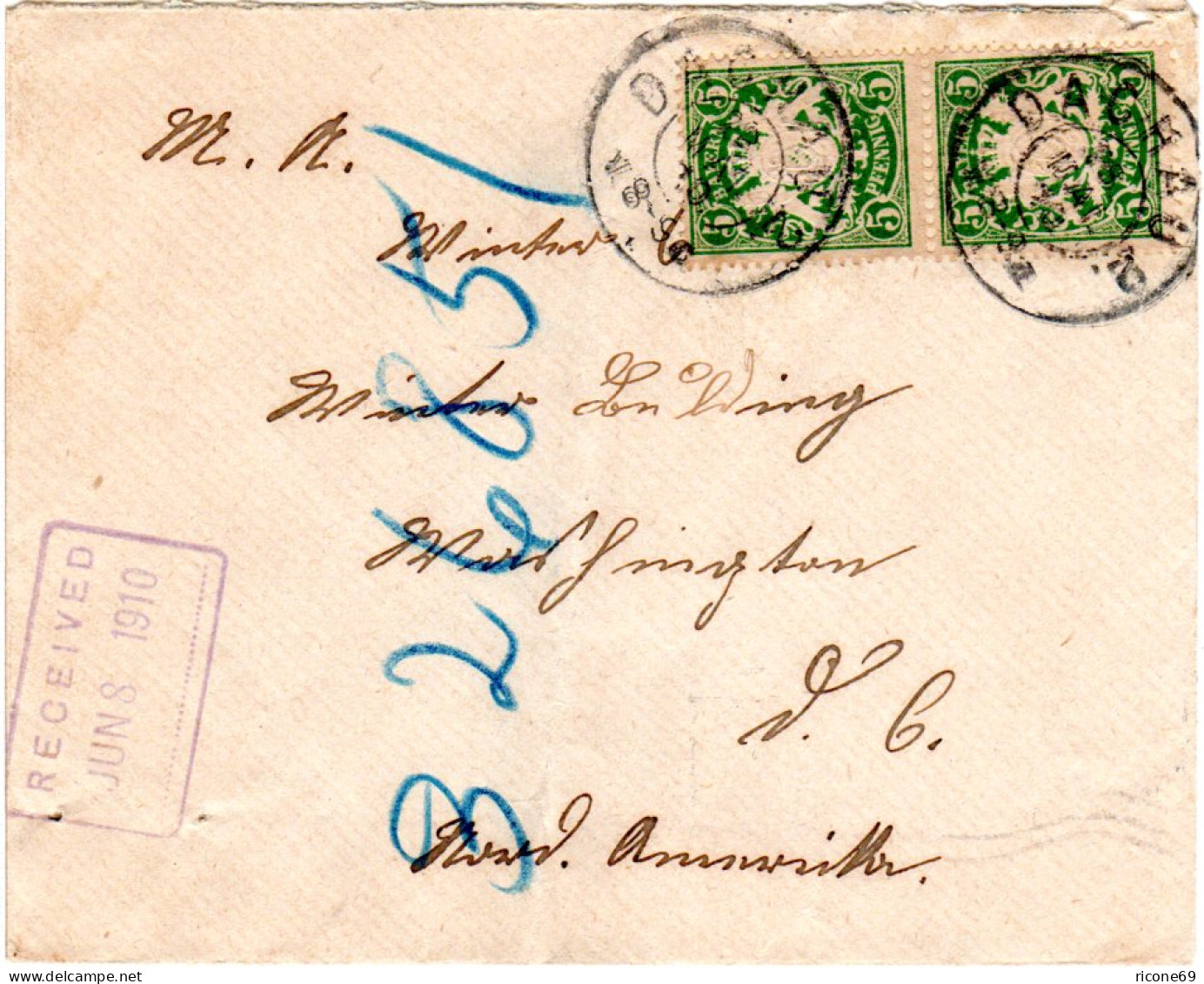 Bayern 1910, 2x5 Pf. Auf Brief V. Dachau N. USA. Sogenannter "Schnellster Weg". - Cartas & Documentos