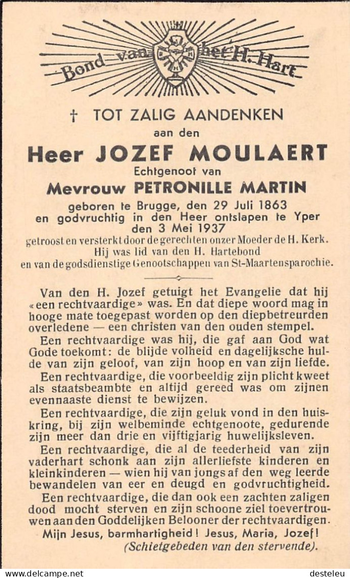 Doodsprentje / Image Mortuaire Jozef Moulaert - Martin Brugge Ieper 1863-1937 - Overlijden