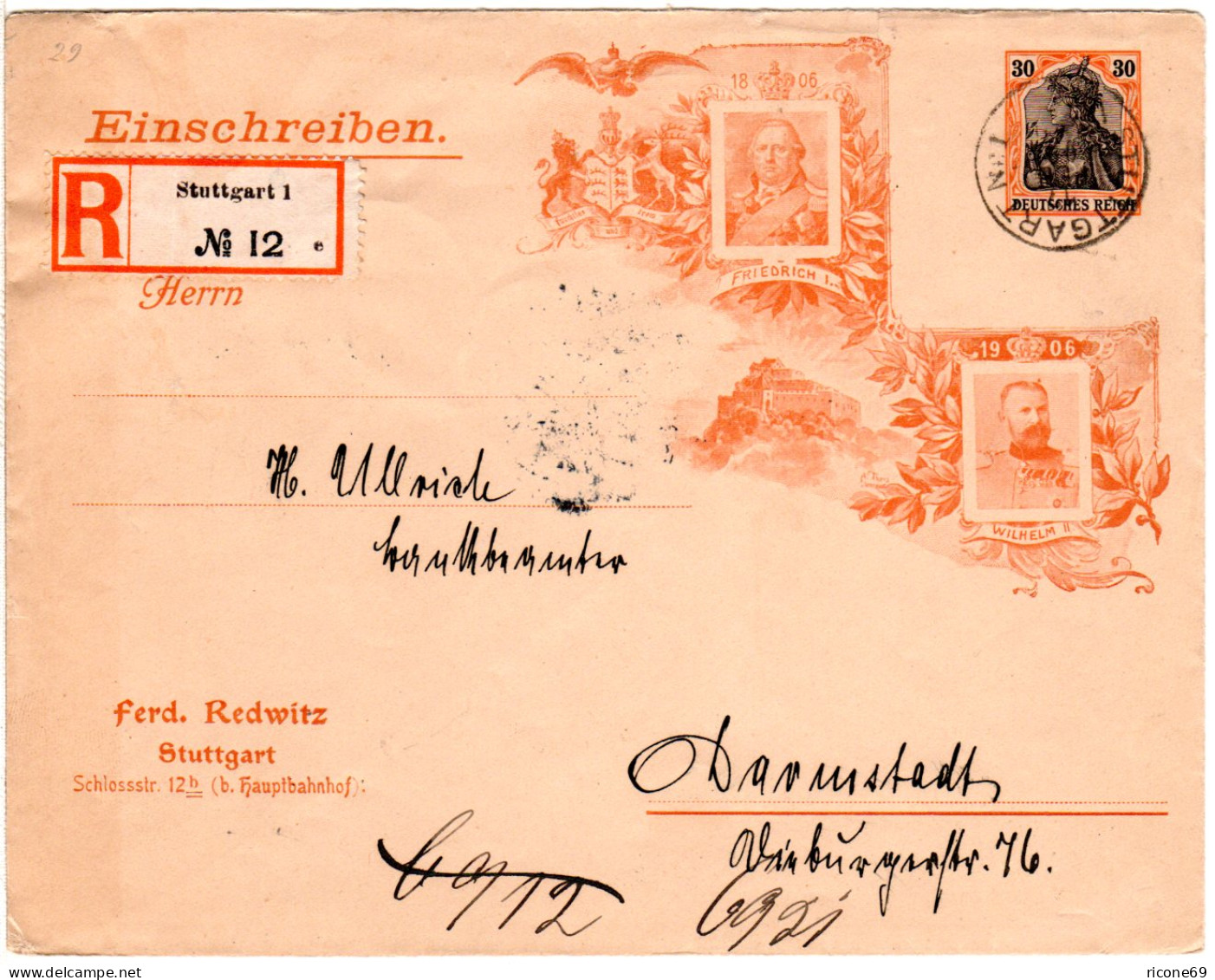 DR, Gebr. 30 Pf. Privatganzsache Umschlag 1806-1906 + F. Redwitz, Stuttgart - Covers & Documents