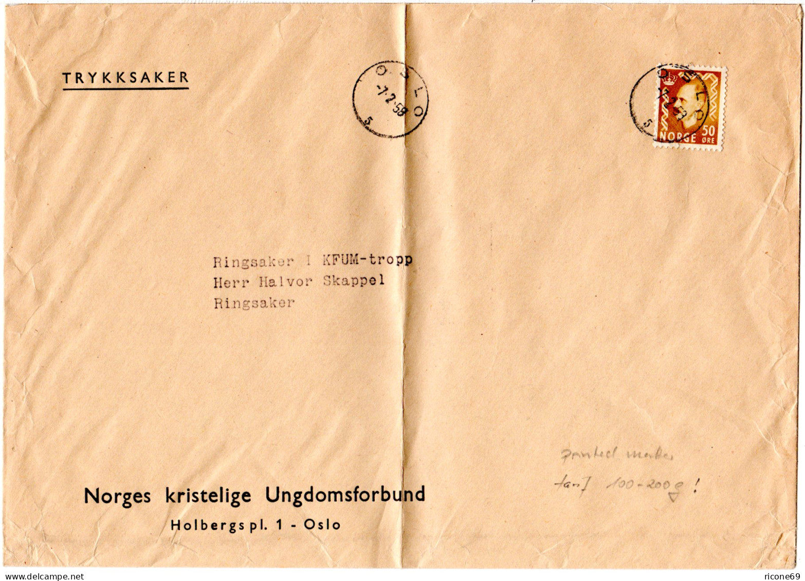 Norwegen 1958, EF 50 öre Auf Drucksache Brief (100-200 Gramm) V. Oslo. - Covers & Documents