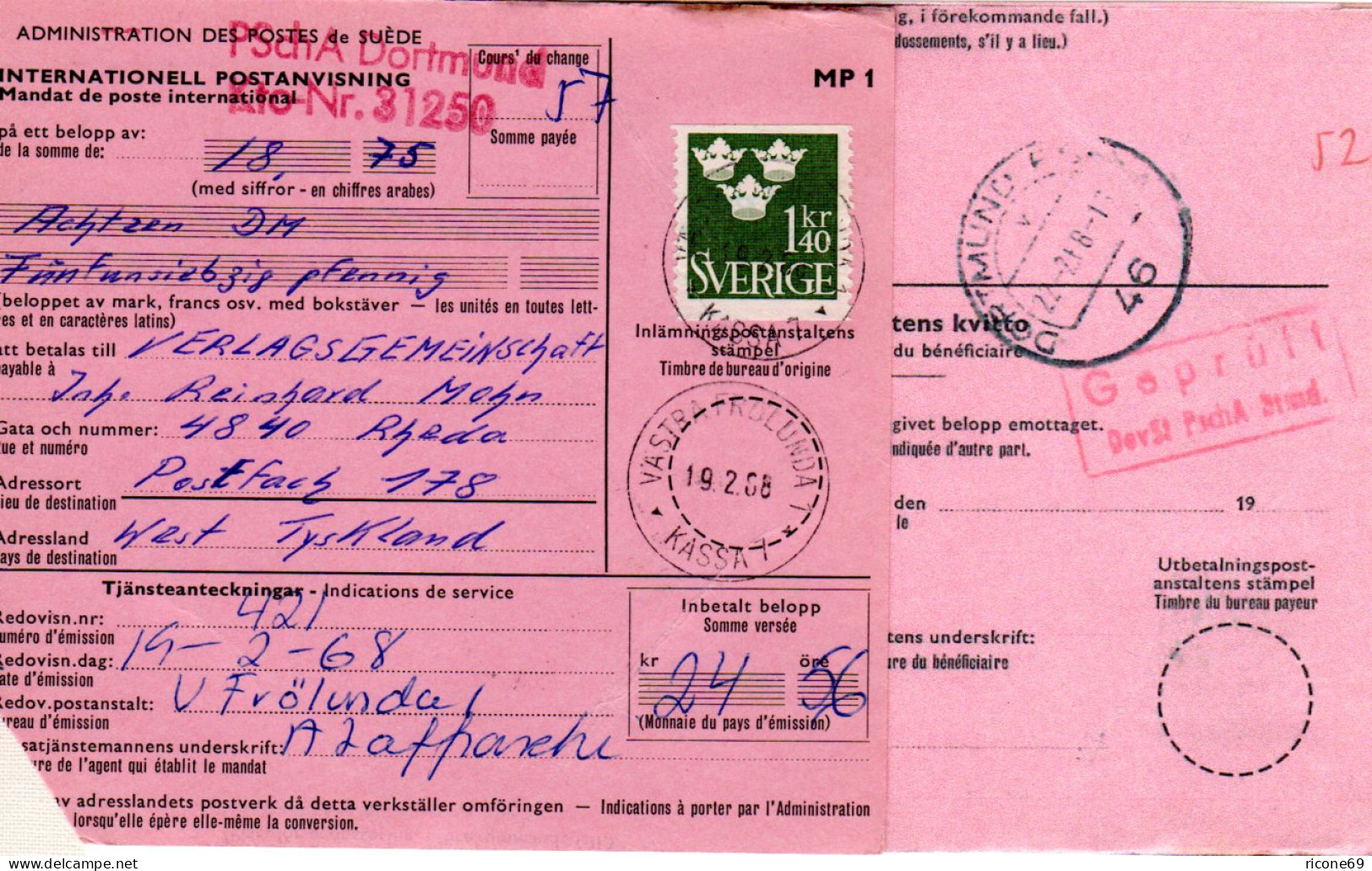 BRD 1968, DORTMUND PSCHA Rücks. Auf Internationaler Postanweisung V. Schweden - Briefe U. Dokumente