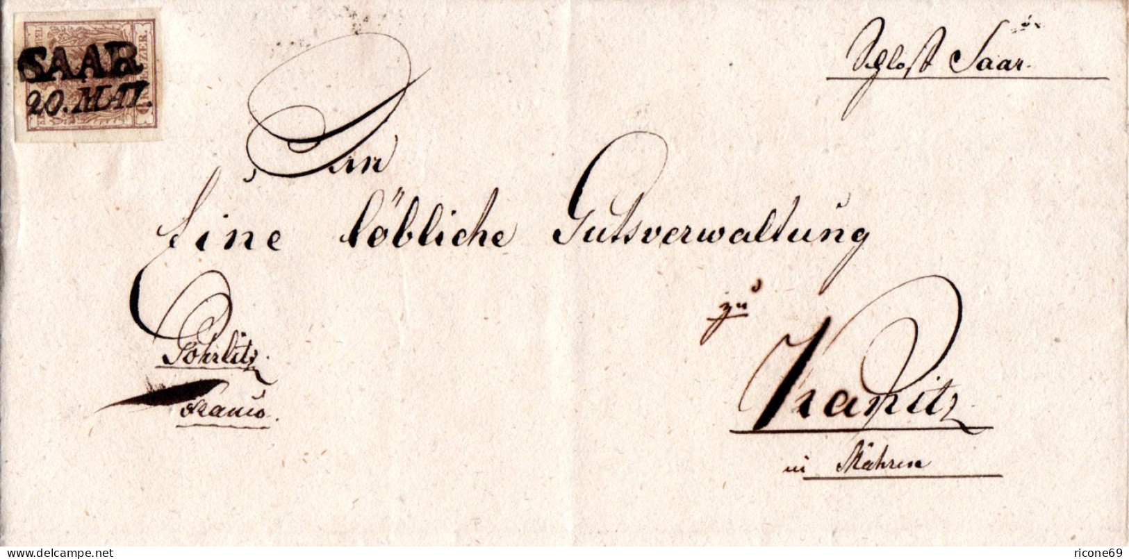 Österreich 1853, Mähren-L2 SAAR Auf Schönem Brief M. Breitrandiger 6 Kr. - Covers & Documents