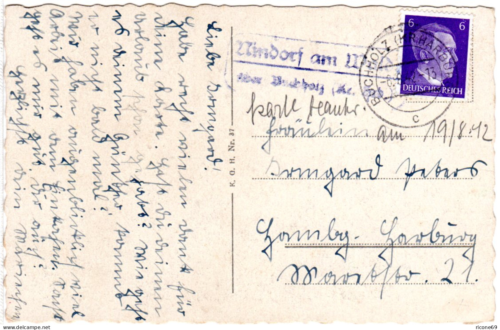 DR 1942, Landpost Stpl. NINDORF AM WALDE über Buchholz Auf Karte M. 6 Pf.  - Lettres & Documents