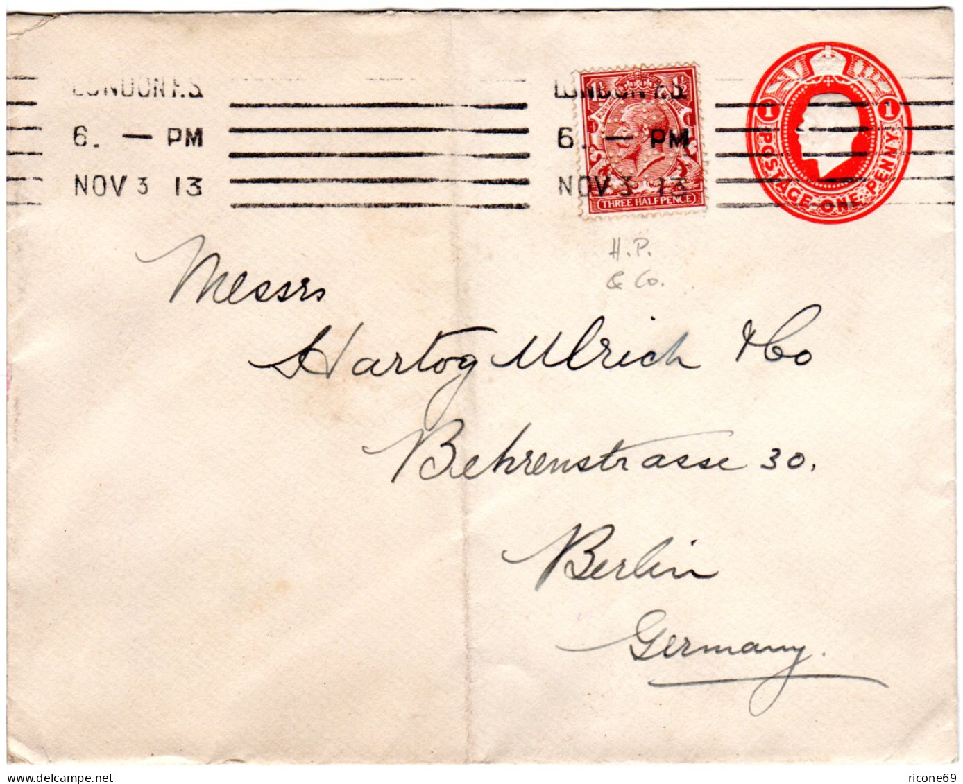 GB 1913, 1 1/2d M. Perfin Auf 1d Ganzsache Brief V. London N. Deutschland - Other & Unclassified