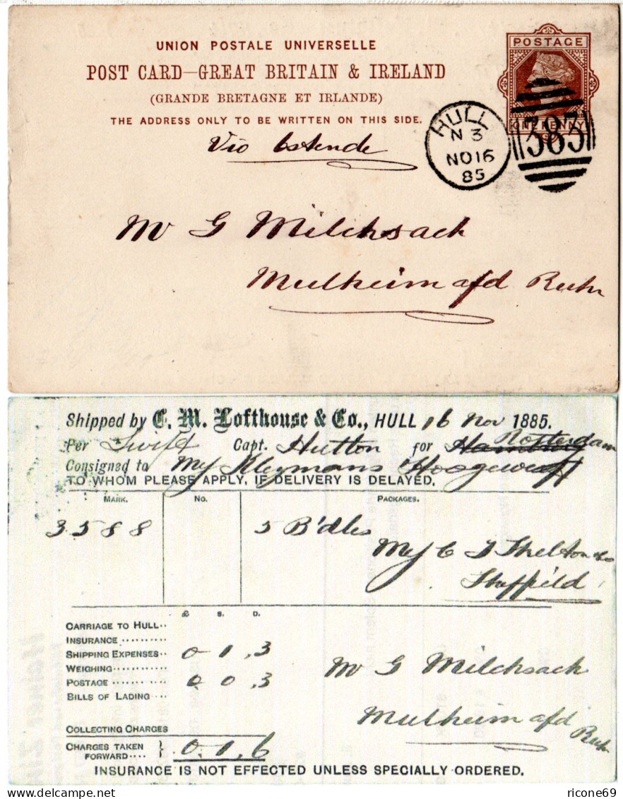 GB 1885, 1d Ganzsache M. Rs. Zudruck C.M.Lofthouse&Co. V. Hull N. Deutschland. - Autres & Non Classés