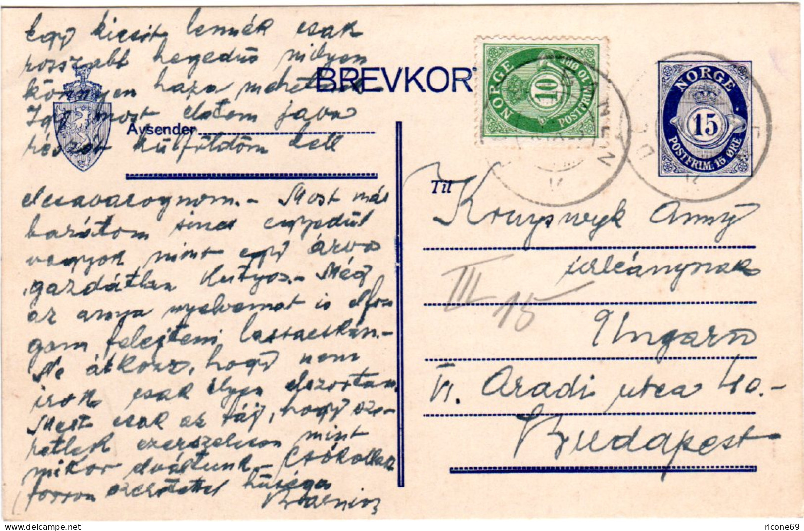 Norwegen 1923, 15 öre Ganzsache M. Zusatzfr. U. Bahnpost V. Trondheim N. Ungarn - Lettres & Documents