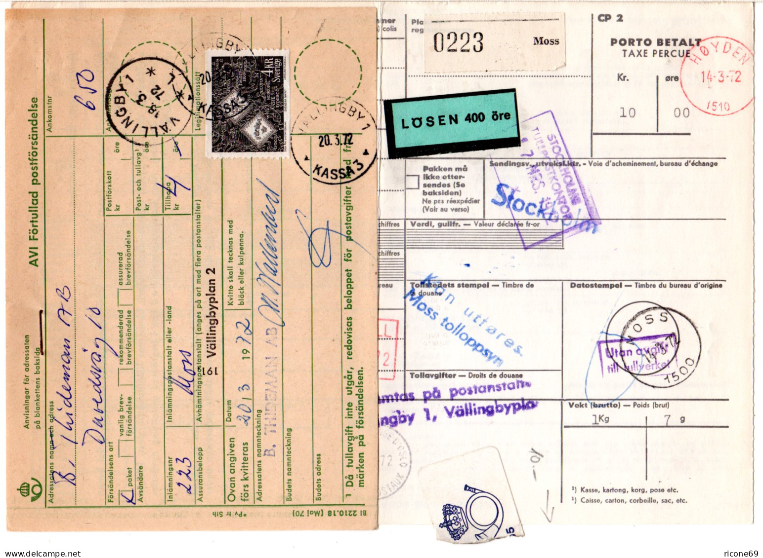 Norwegen 1972, Paketkarte V. Moss M. Schweden 4 Kr. Porto U. Zollgebühr - Brieven En Documenten