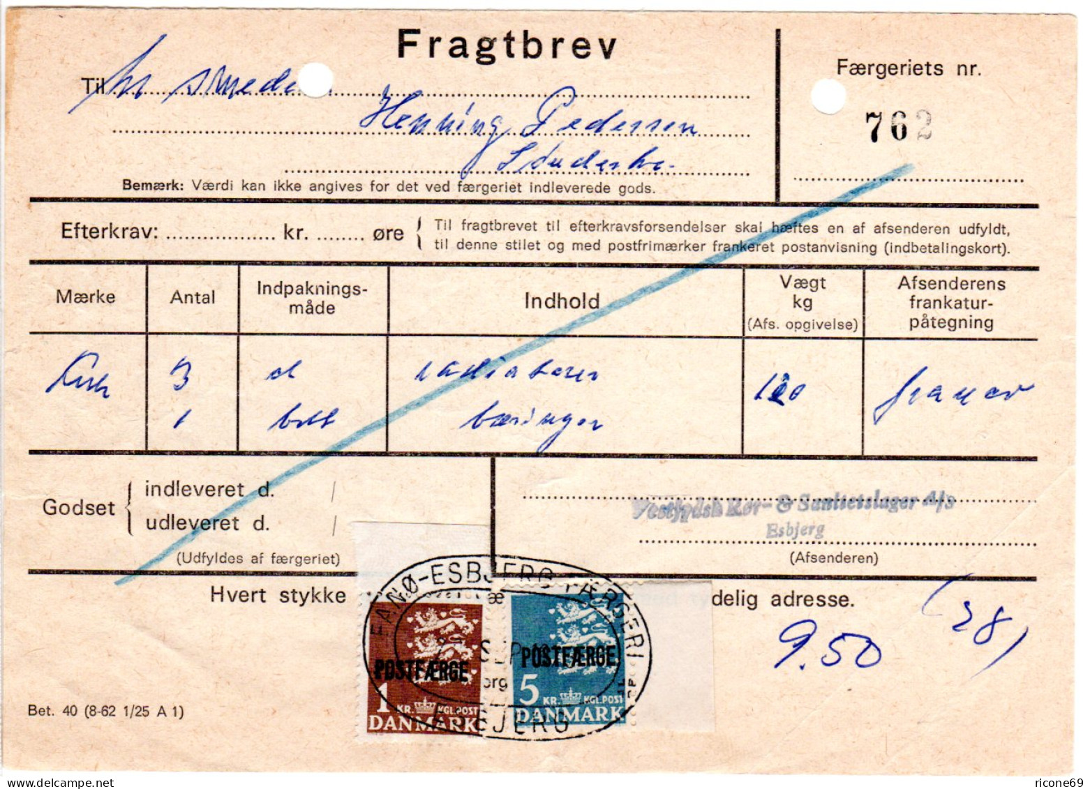 Dänemark 1973, 5+1Kr. Postfaerge Auf Frachtbrief M. Schiffspost Fanö-Esbjerg - Autres & Non Classés