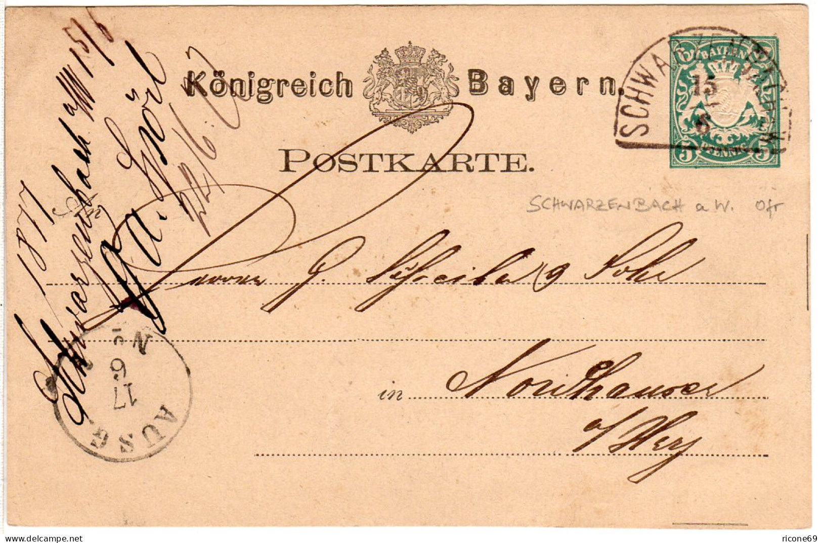 Bayern 1877, HKS SCHWARZENBACH A.W. Auf 5 Pf. Ganzsache N. Nordhausen - Lettres & Documents