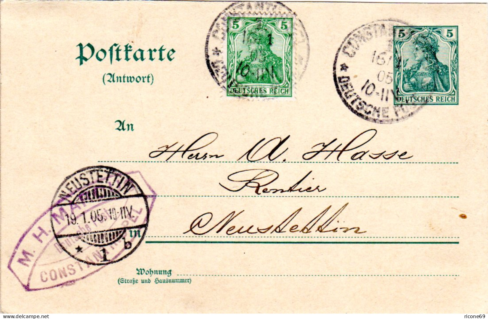 DP Türkei 1905, DR Antwortkarte M. 5 Pf. Germania V. CONSTANTINOPEL Zurückgebr. - Lettres & Documents