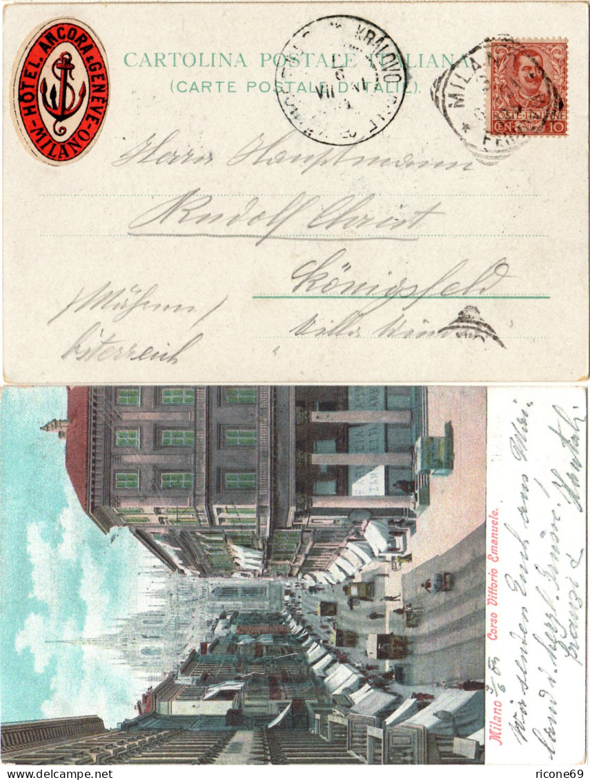 Italien 1904, Milano Farb-AK M. 10 C. U. Hotel Ancora Werbeaufkleber - Unclassified