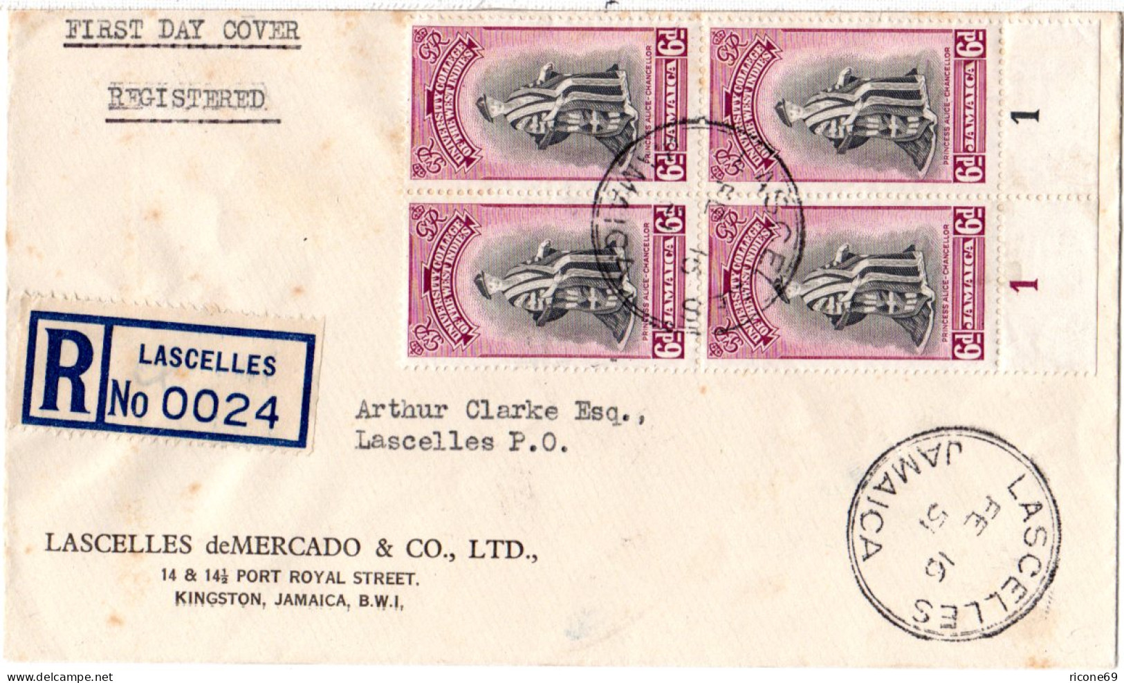 Jamaica 1951, 4er-Block 6d Universität Auf Einschreiben FDC V. Lascelles. - Autres - Amérique