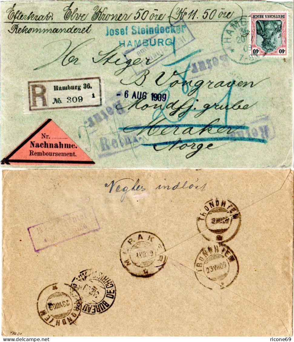 DR 1909, EF 40 Pf. Auf Einschreiben Nachnahme Brief V. Hamburg N. Norwegen - Covers & Documents