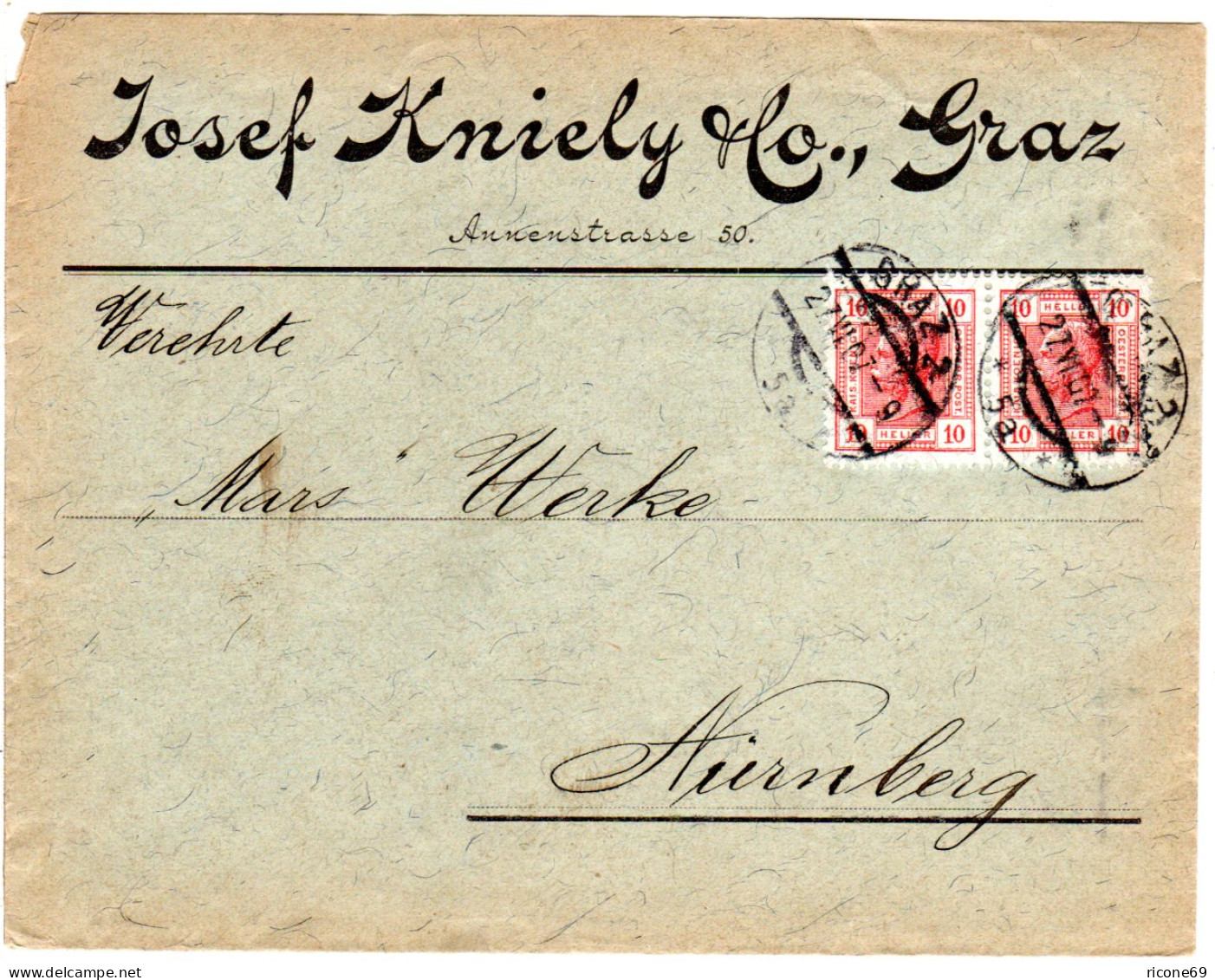 Österreich 1907, Paar 10 H. Auf Firmenbrief V. Graz N. Bayern - Briefe U. Dokumente