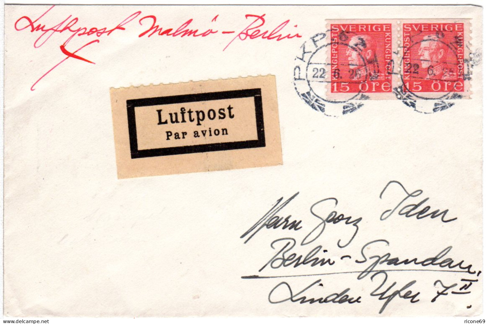 Schweden 1926, Paar 15 öre Auf Luftpost Brief Malmö-Berlin M. Rs. Ank.Stpl. - Lettres & Documents