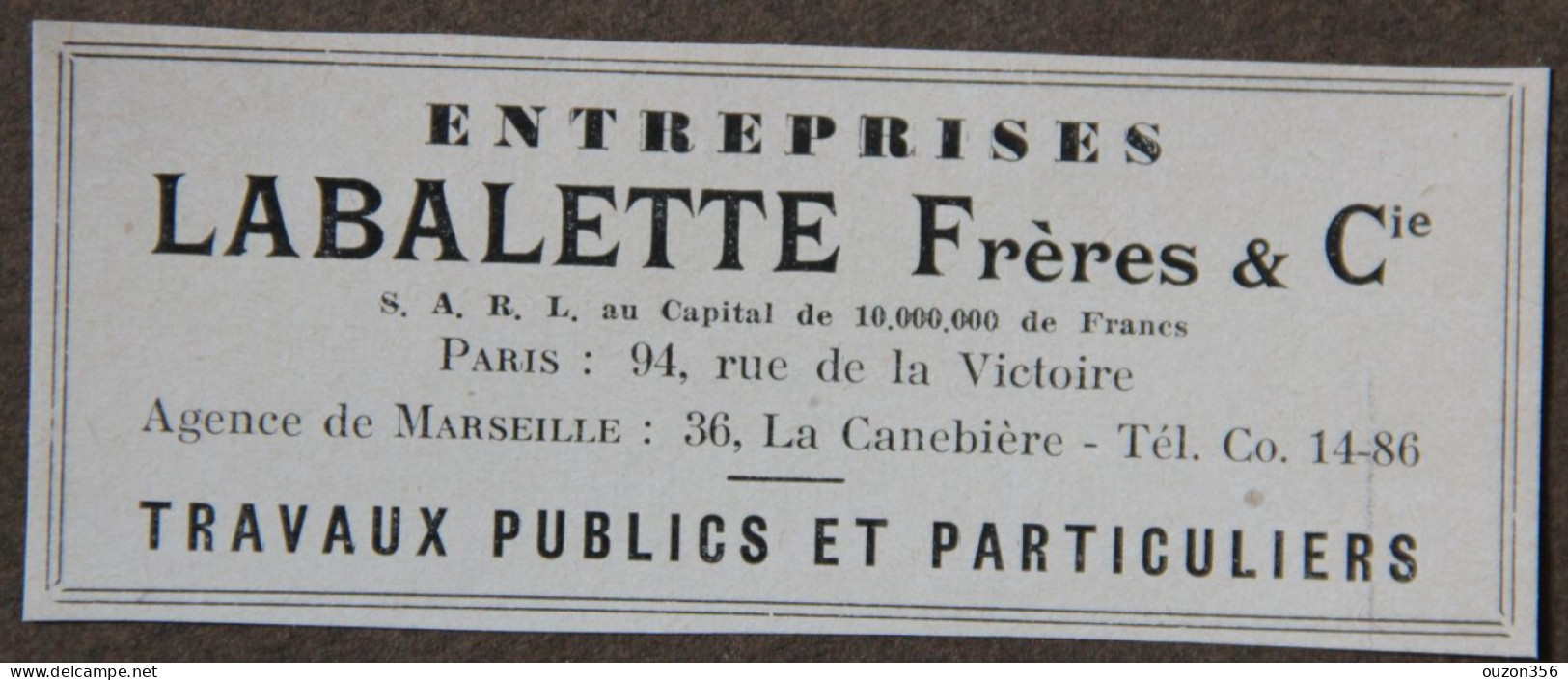 Publicité : Entreprises LABALETTE Frères & Cie, Travaux Publics Et Particuliers, Paris Et Marseille, 1951 - Publicités