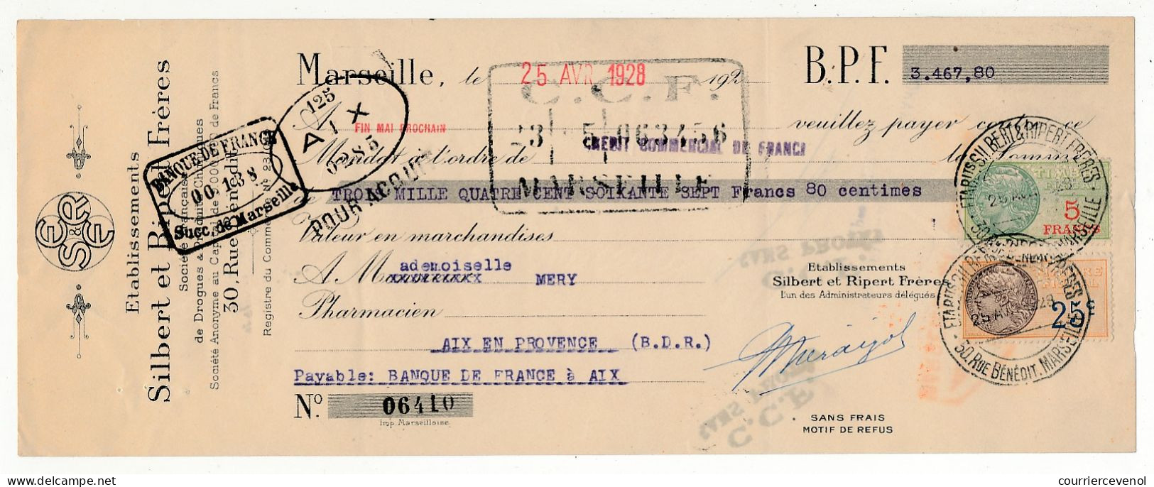 FRANCE - Traite Silbert Et Ripert 1928 - Timbres Fiscaux 25c Et 5F Perforés S.R - Covers & Documents