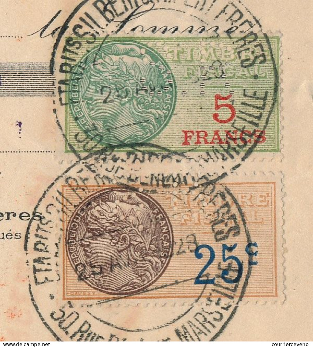 FRANCE - Traite Silbert Et Ripert 1928 - Timbres Fiscaux 25c Et 5F Perforés S.R - Covers & Documents