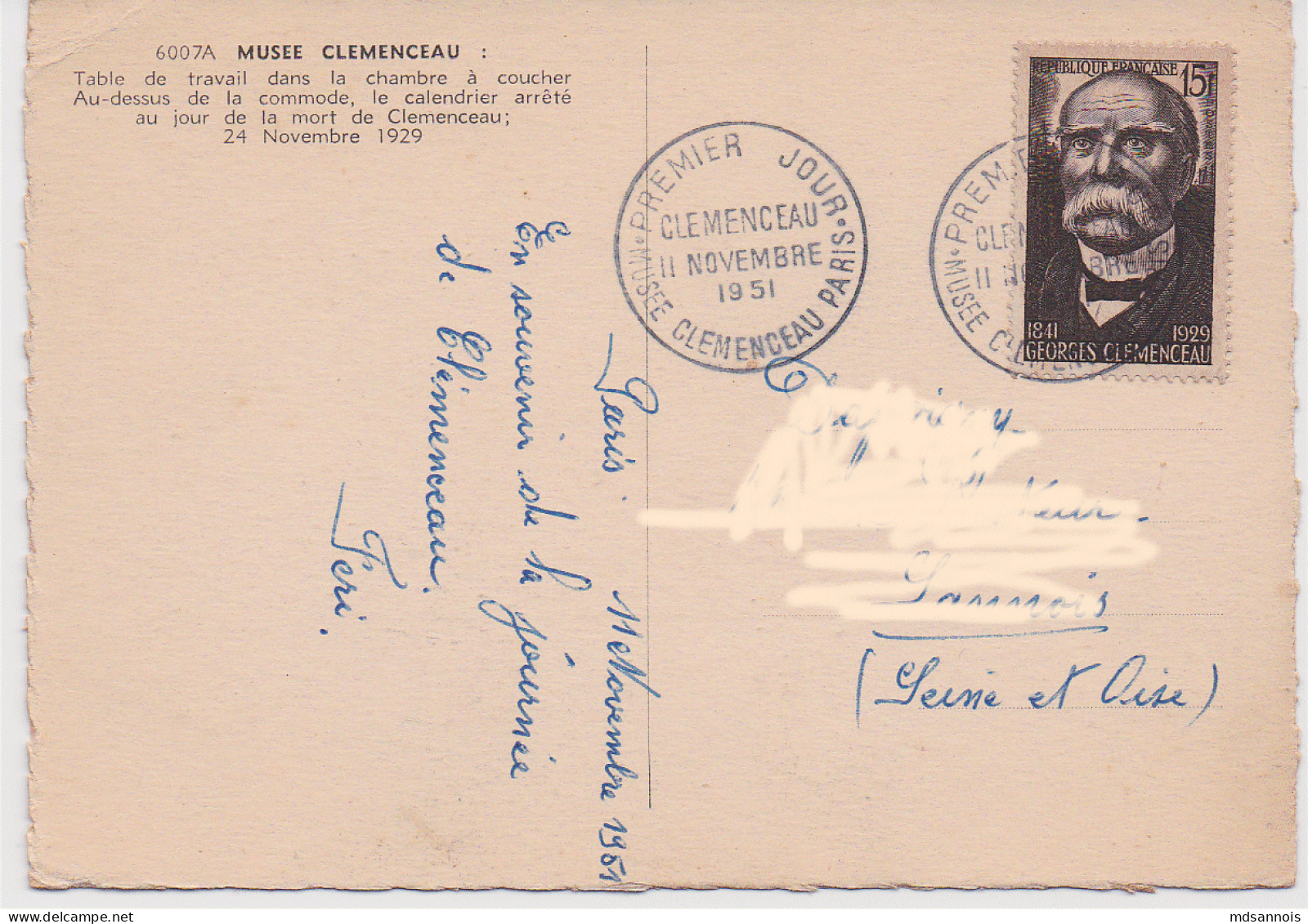 FDC Sur Carte Postale Cachet 1951 Musée Clémenceau Paris - 1950-1959