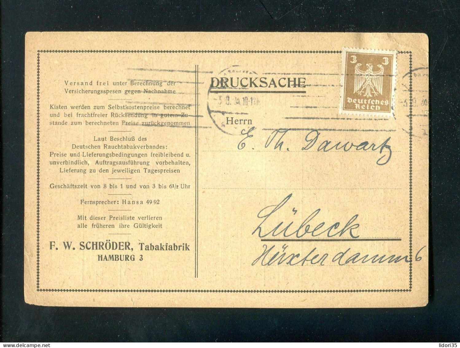 "DEUTSCHES REICH" 1924, Drucksachenkarte Ex Hamburg Mit Zudruck "Schroeder Tabakfabrik", Rueckseits Preisliste (L2027) - Covers & Documents