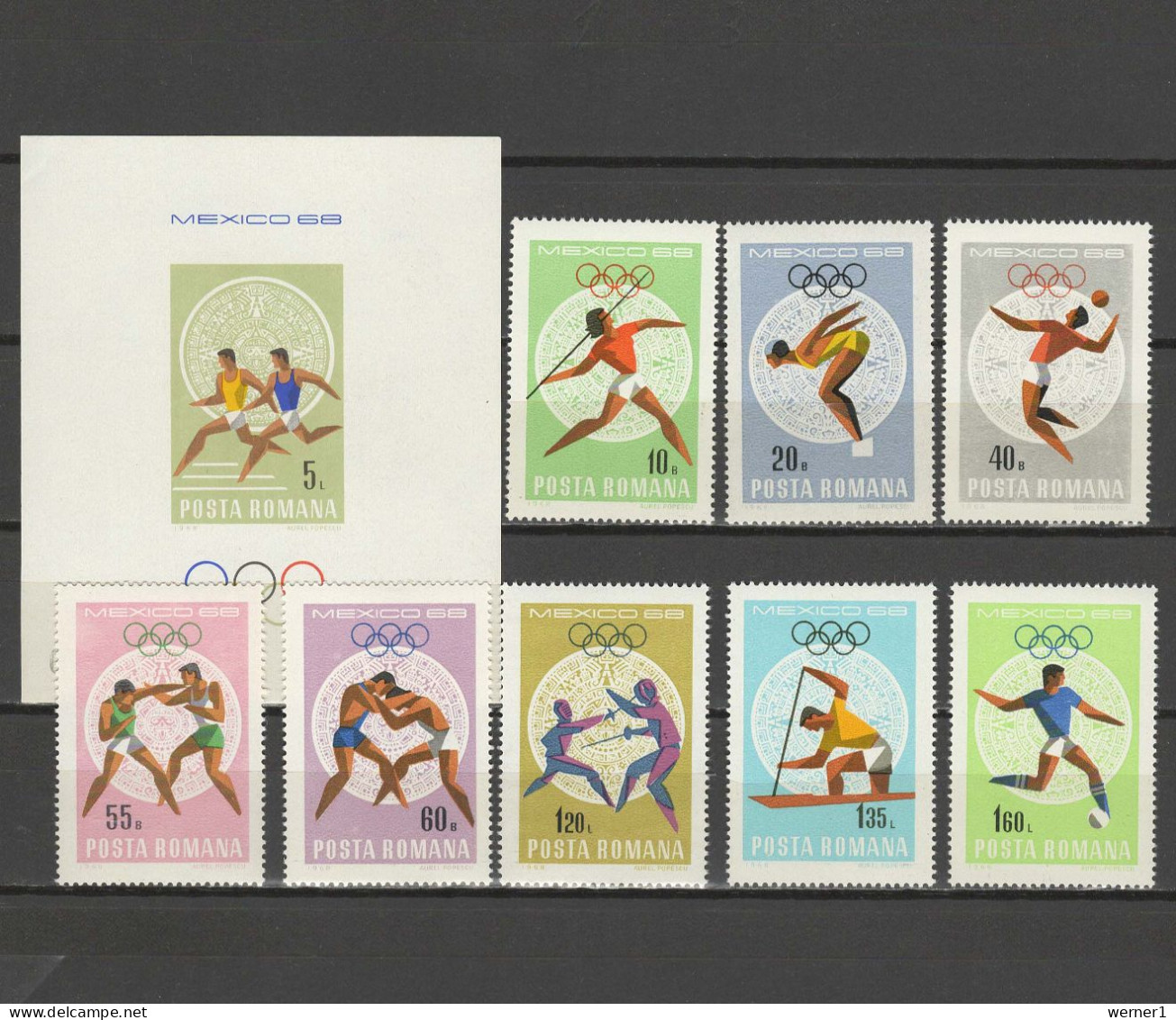 Romania 1968 Olympic Games Mexico, Volleyball, Football Soccer, Athletics, Wrestling, Fencing Etc. Set Of 8 + S/s MNH - Summer 1968: Mexico City