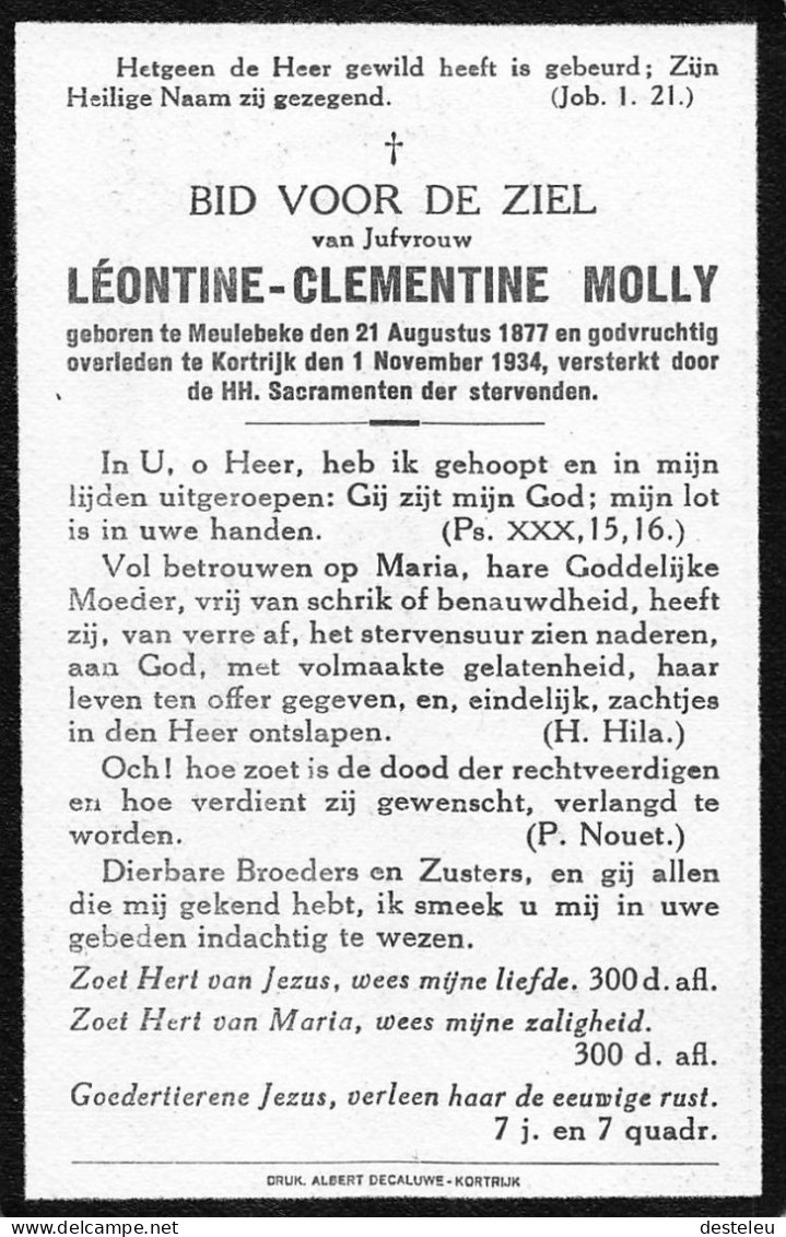 Doodsprentje / Image Mortuaire Léontine Molly - Meulebeke Kortrijk 1877-1934 - Overlijden