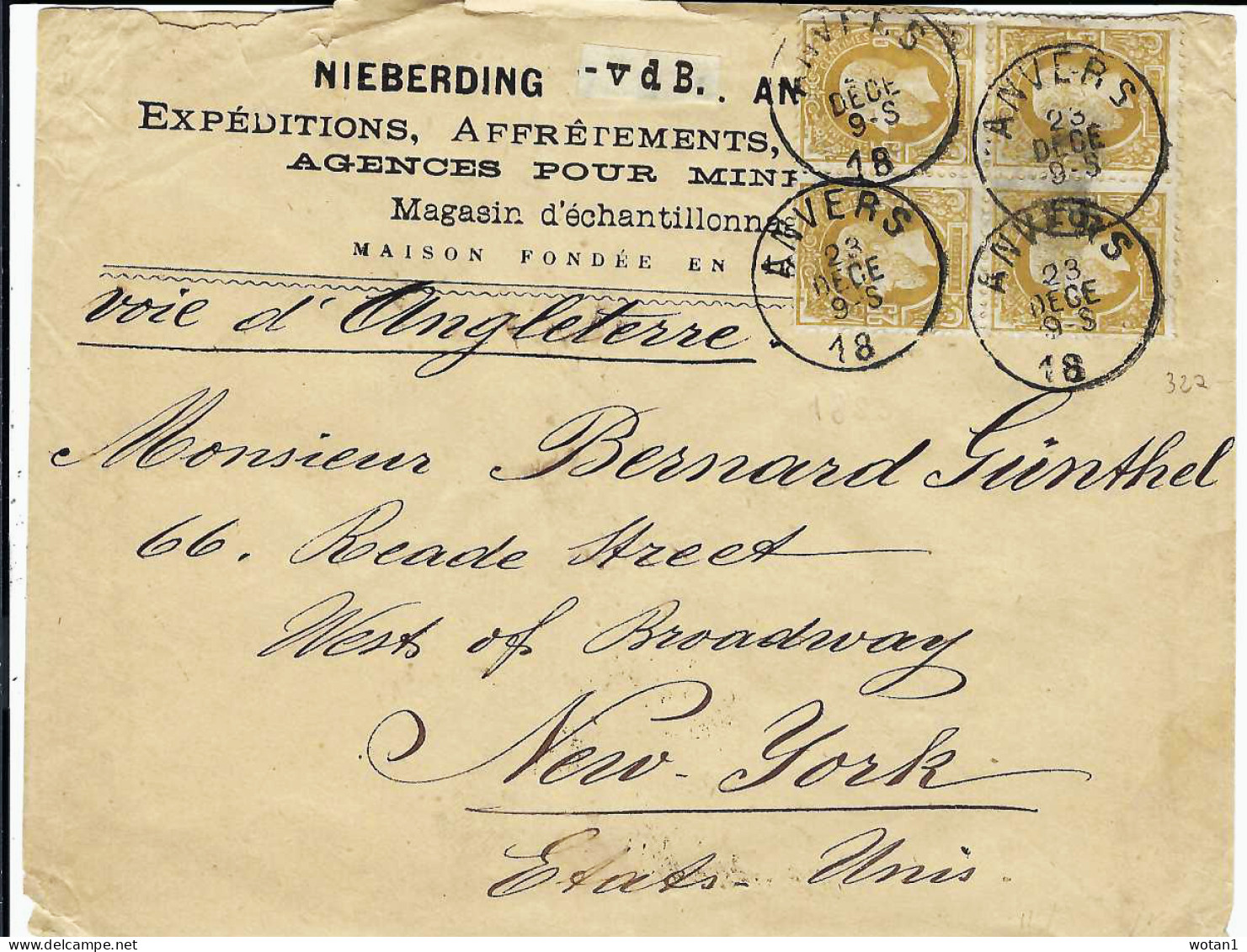 T.P. 32a Bloc De 4 S/Lettre D'ANVERS Du 23 DECE 1883 à NEW YORK (Voie D'Angleterre) + Cachet New York 5 JAN - 1893-1900 Schmaler Bart