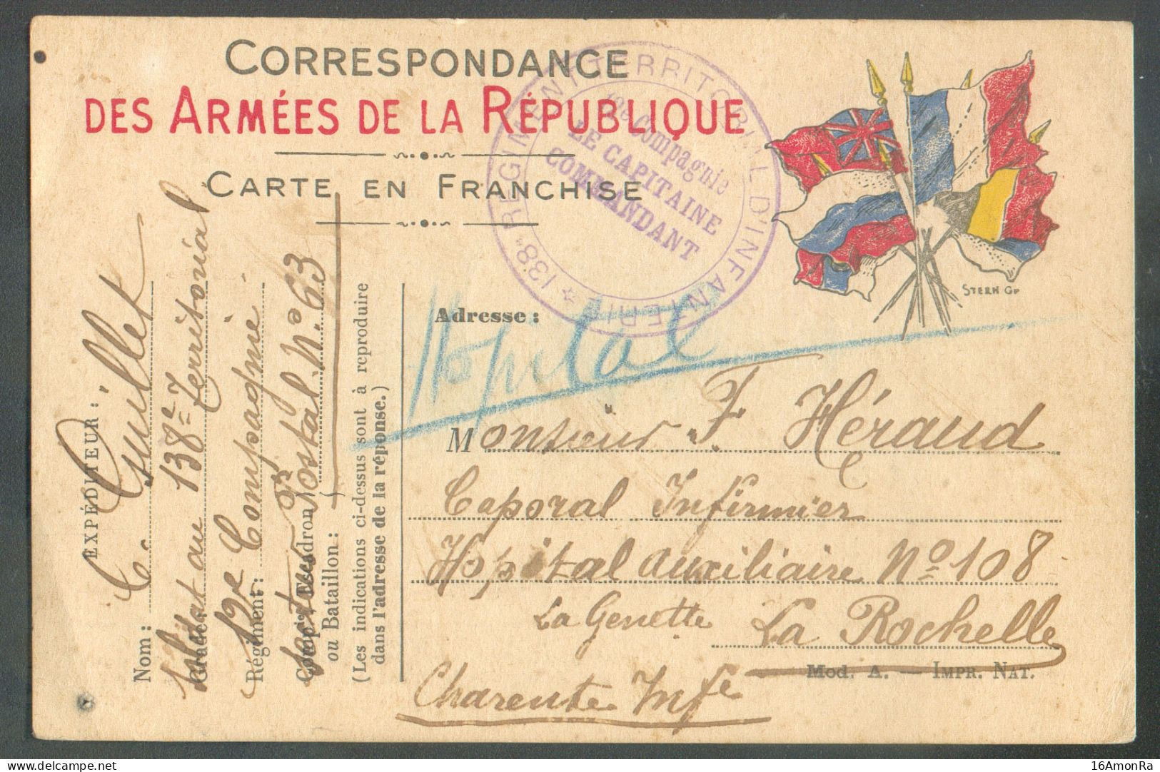 HOPITAL AUXILIAIRE LA GENETTE à LA ROCHELLE -  Carte Aux Drapeaux ARMEE BELGE, ANGLAISE RUSSE Et FRANCAISE Dc Violet REG - Armada Belga