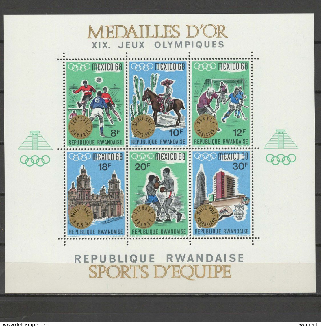 Rwanda 1968 Olympic Games Mexico, Football Soccer, Hockey, Boxing Set Of 3 S/s With Winners Overprint MNH - Verano 1968: México