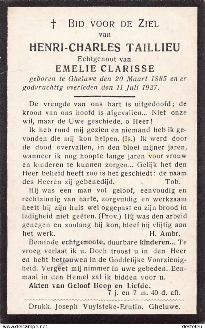 Doodsprentje / Image Mortuaire Henri Taillieu - Clarisse Geluwe 1885-1927 - Obituary Notices