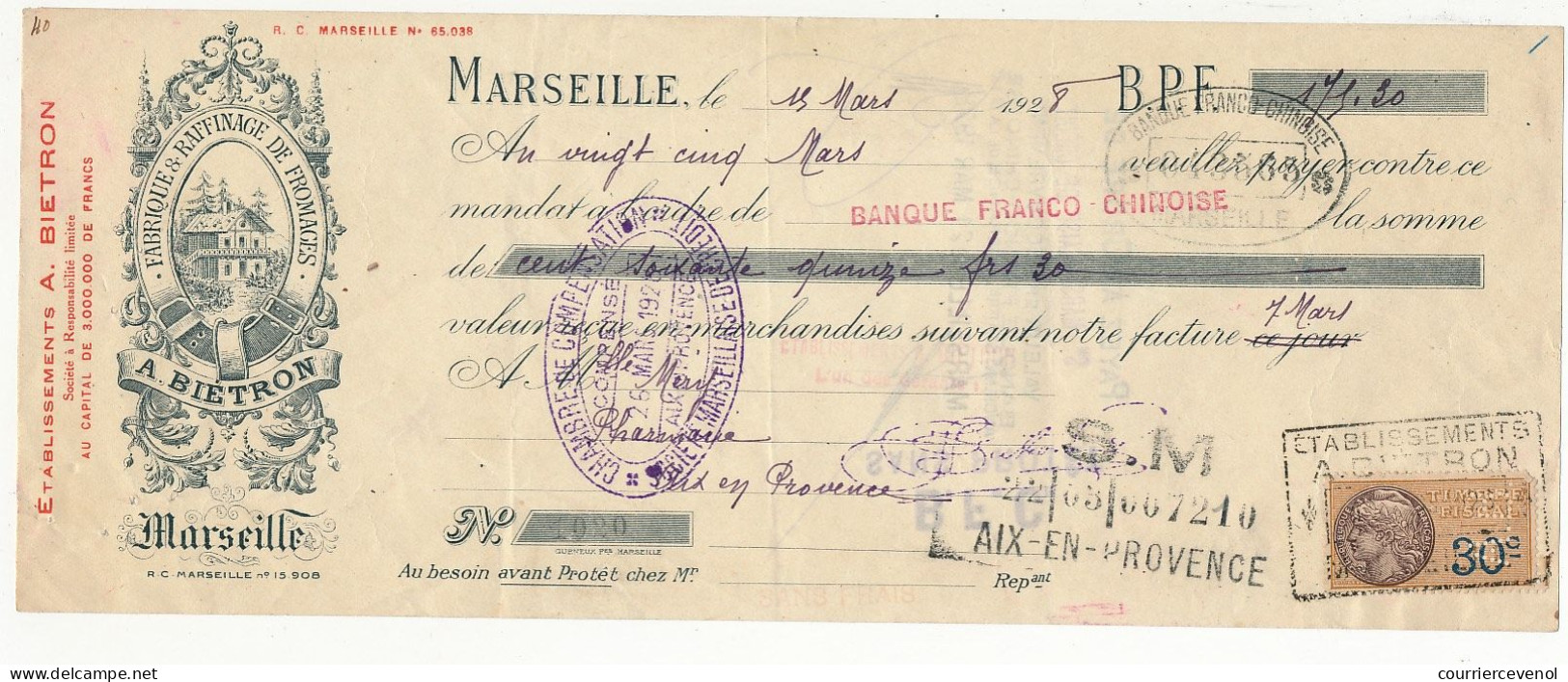 FRANCE - Traite A. Biétron (Fromages, Marseille) - Fiscal 30c Perforé A.B. - 1928 - Covers & Documents