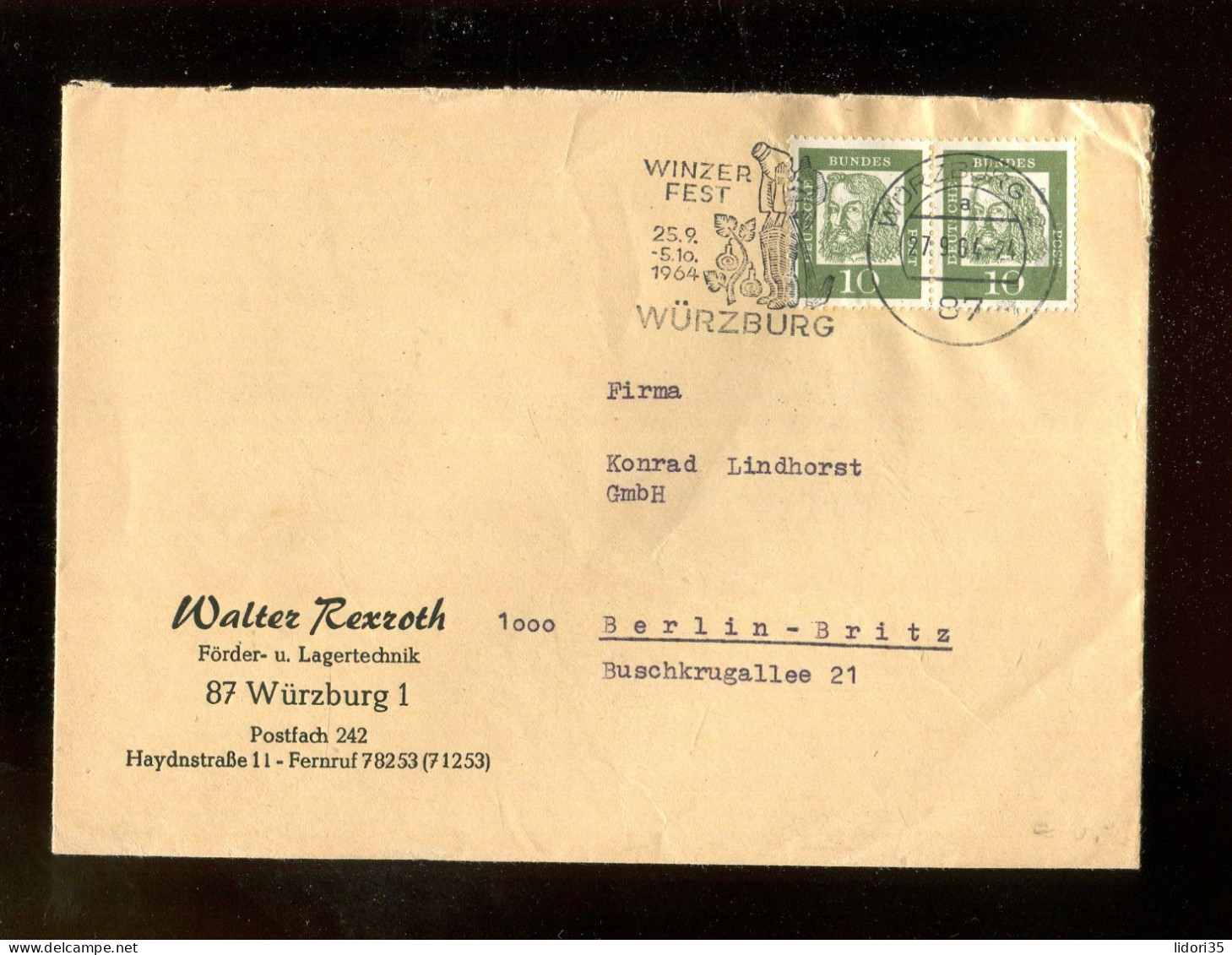 "BUNDESREPUBLIK DEUTSCHLAND" 1964, Mi. 350 Waagrechtes Paar Auf Brief Mit Stempel "WUERZBURG, Winzerfest" (L2030) - Covers & Documents