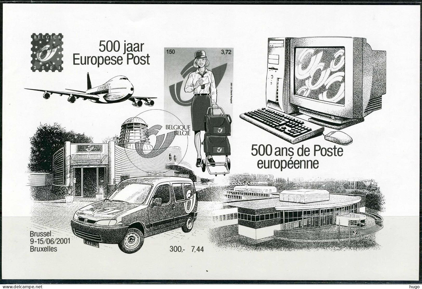 (B) Zwart Wit Velletje ZNE10 2001  - Belgica 500 Jaar Europese Post -2 - B&W Sheetlets, Courtesu Of The Post  [ZN & GC]