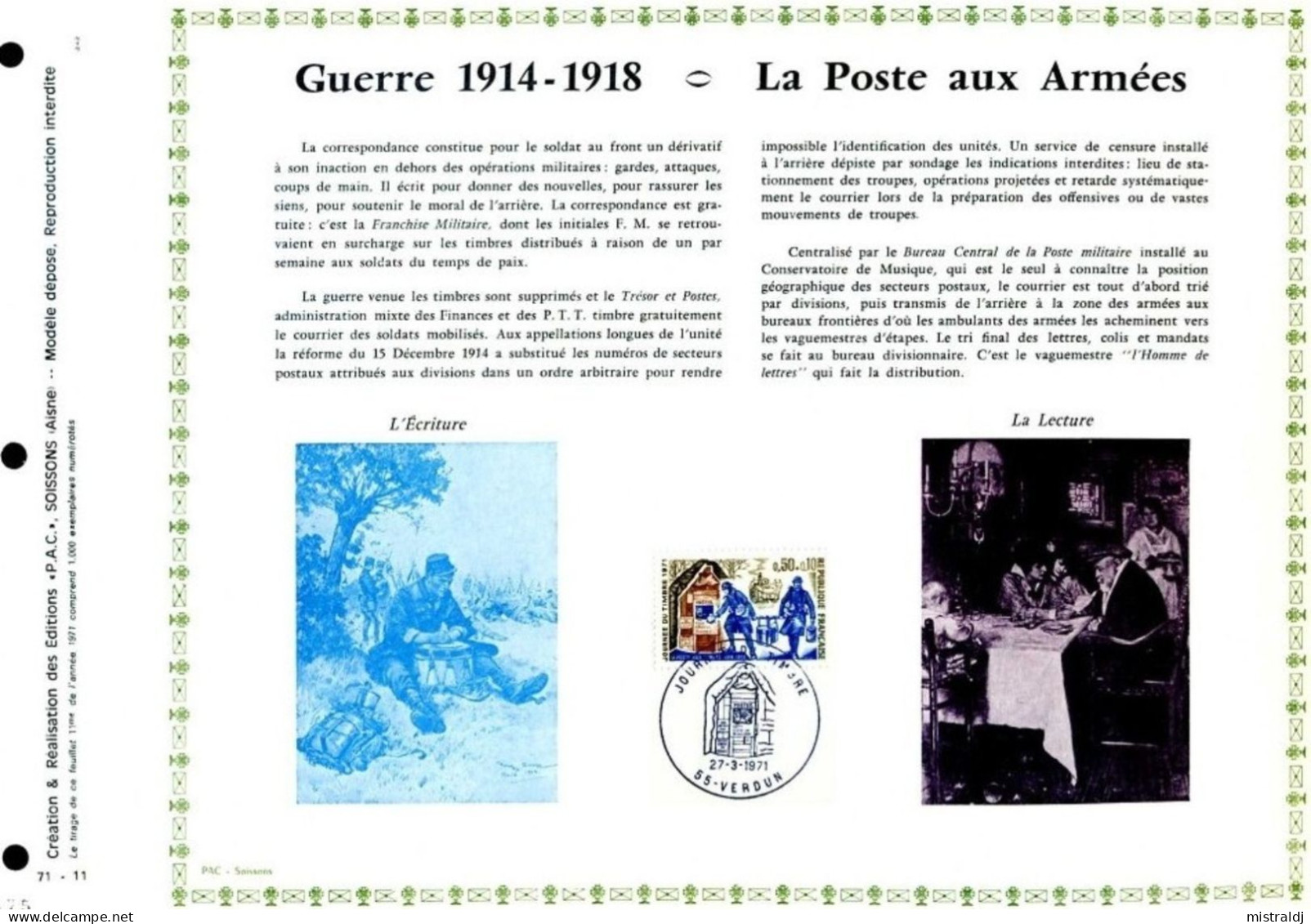 Rare Feuillet PAC (précurseur De CEF) De 1971 -  GUERRE 1914-1918, LA POSTE AUX ARMEES (JOURNÉE DU TIMBRE 1971) - 1970-1979