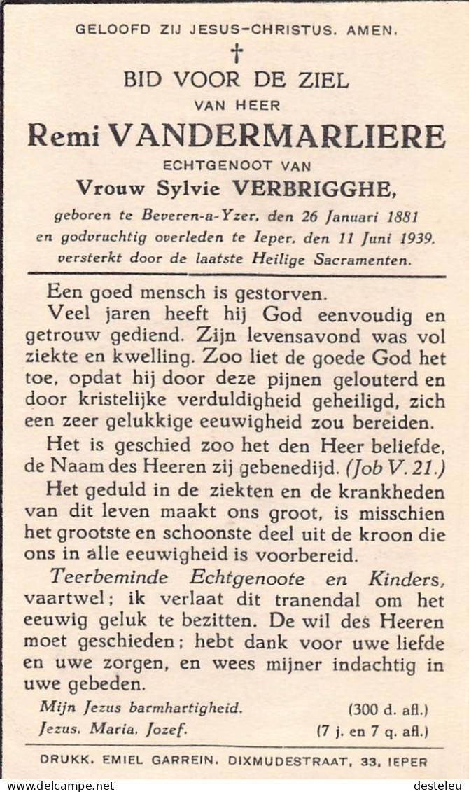 Doodsprentje / Image Mortuaire Remi Vandermarliere - Verbrigghe Beveren Ieper 1881-1939 - Obituary Notices
