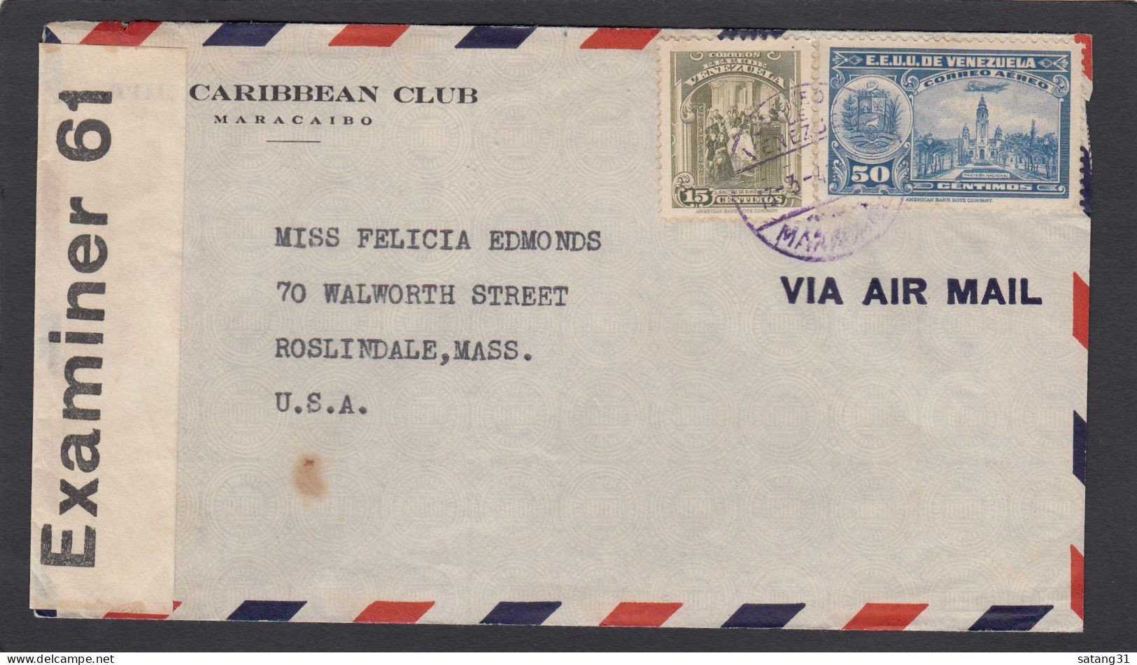 LETTRE PAR AVION DE MARACAIBO POUR ROSLINDALE,MASS. U.S.A., OUVERTE PAR LA CENSURE US. - Venezuela