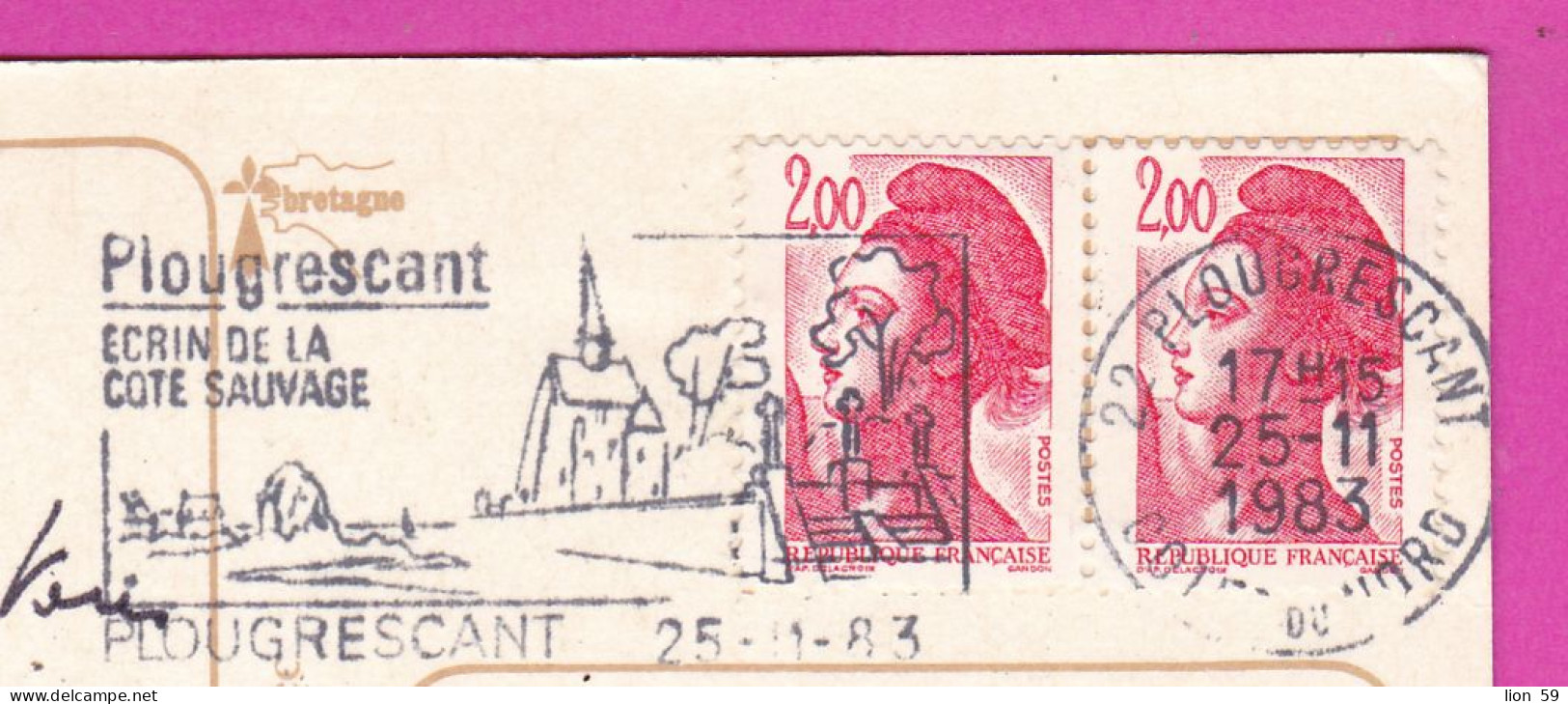 294222 / France - COULEURS DE BRETAGNE Coast At Sunser PC 1983 Plougrescant USED 2.00+2.00 Fr. Liberty Of Gandon Flamme - 1982-1990 Liberty Of Gandon