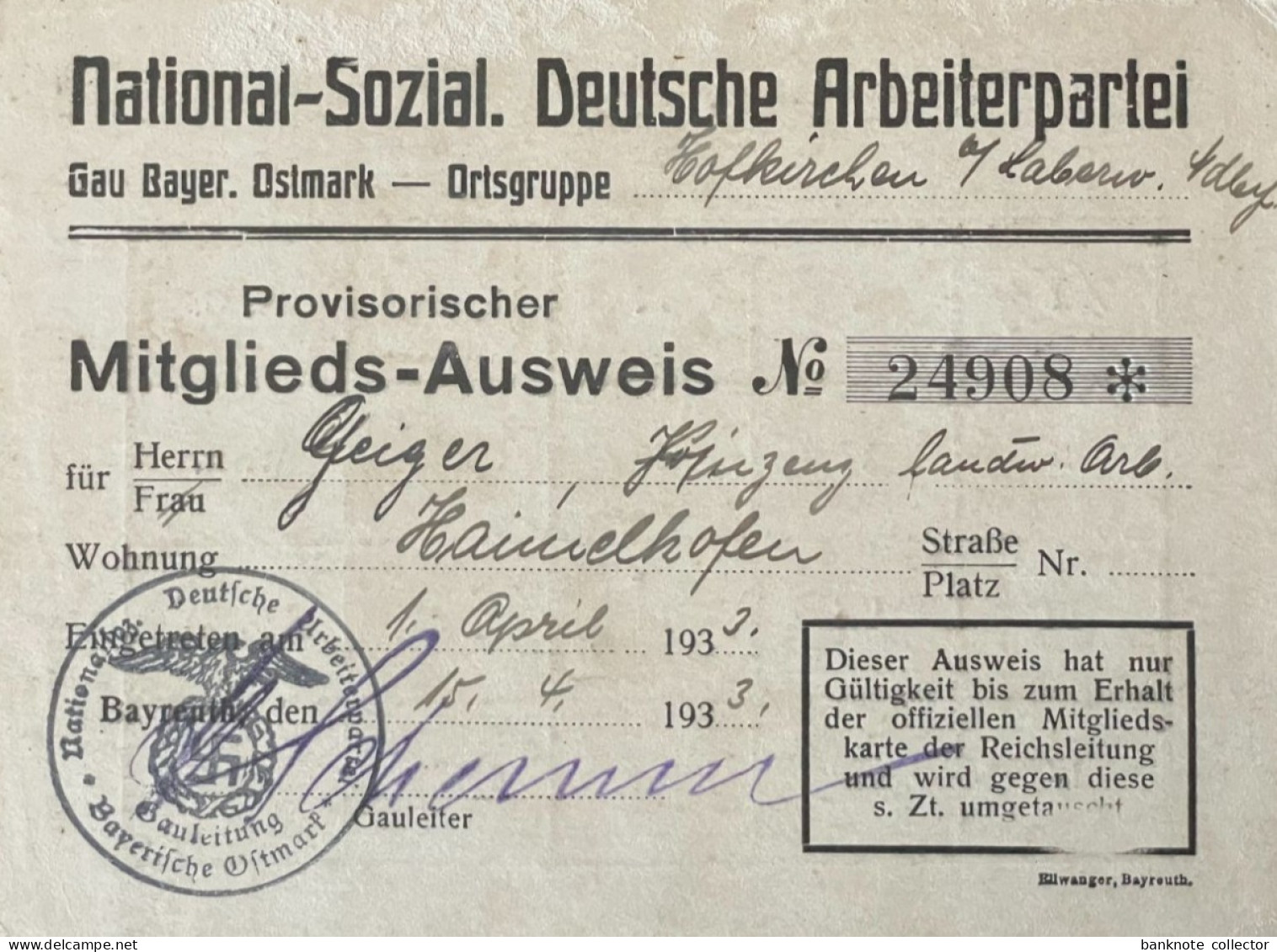 Deutschland, Germany - NSDAP Mitglieds-Ausweis Gau Bayer. Ostmark Hofkirchen 1933  ! - 1939-45
