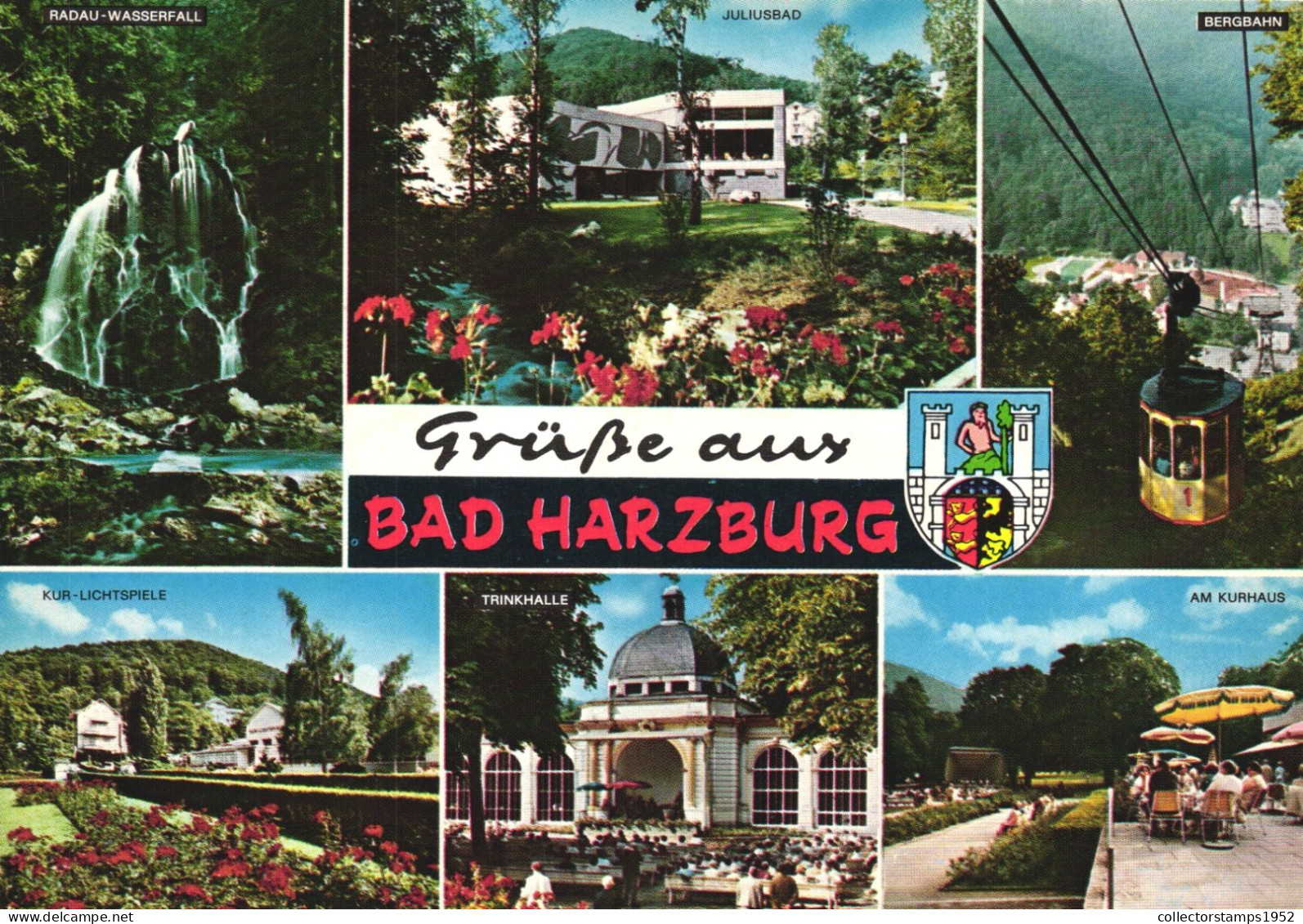 BAD HARZBURG, MULTIPLE VIEWS, WATERFALL, ARCHITECTURE, PARK, UMBRELLA, TERRACE, CABLE CAR, EMBLEM, GERMANY, POSTCARD - Bad Harzburg