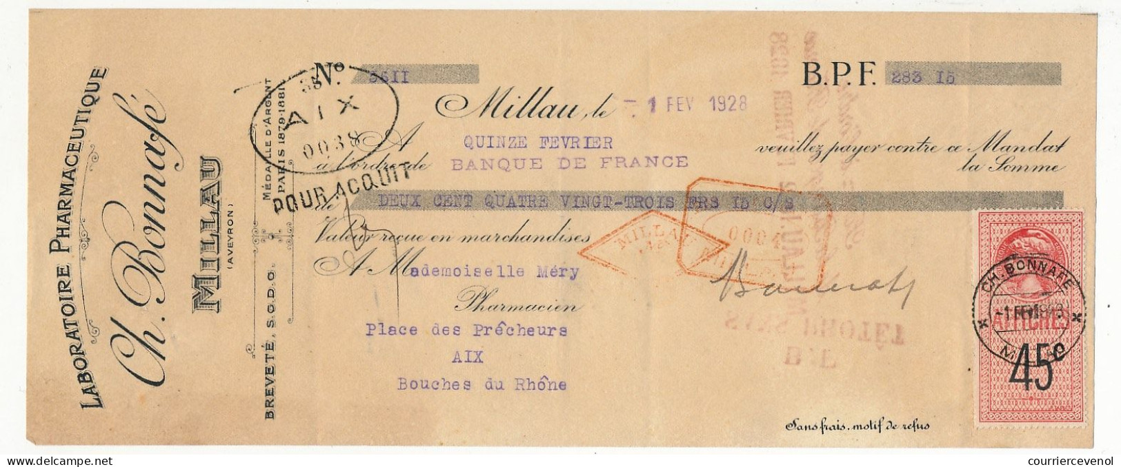 FRANCE - Traite Laboratoire Pharmaceutique Ch Bonnafé (MILLAU Aveyron) - 45c Afiches - 1928 - Lettres & Documents