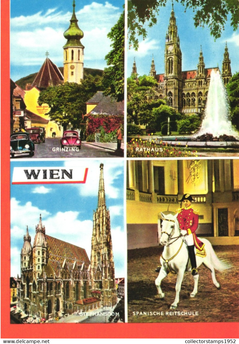 VIENNA, MULTIPLE VIEWS, ARCHITECTURE, CHURCH, TOWER, FOUNTAIN, SPANISH RIDING SCHOOL, AUSTRIA, POSTCARD - Wien Mitte
